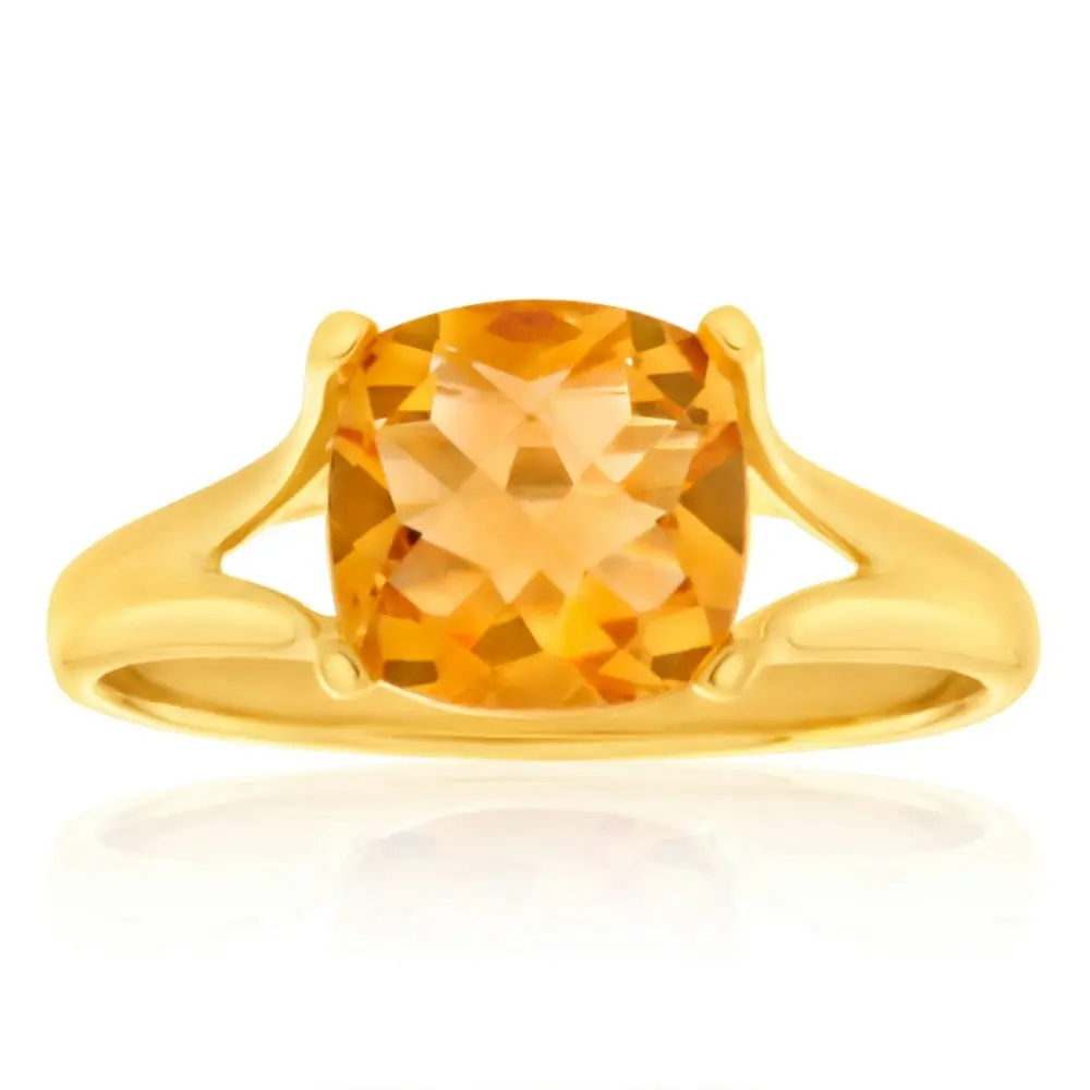 9ct Yellow Gold 2.00 Carat Cushion Cut Citrine Ring