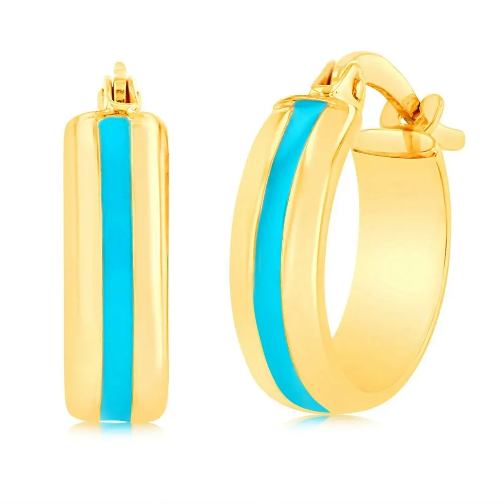 9ct Yellow Gold Silverfilled Blue Enamel On Hoop Earrings