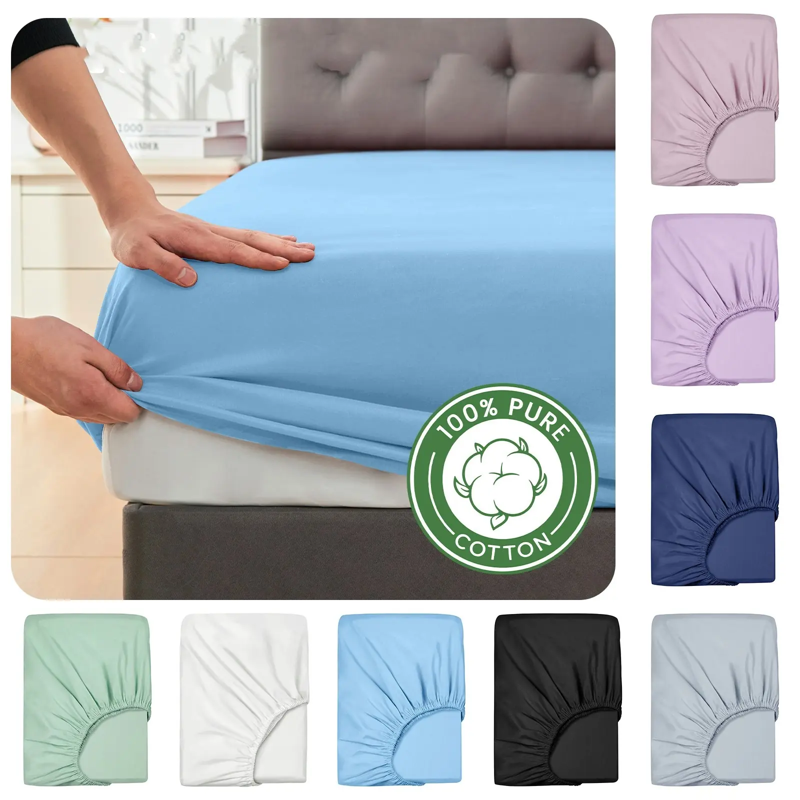 Linenova 100% Cotton Fitted Sheet Ultra Soft Breathable For All Seasons Deep Pocket Up to 40CM