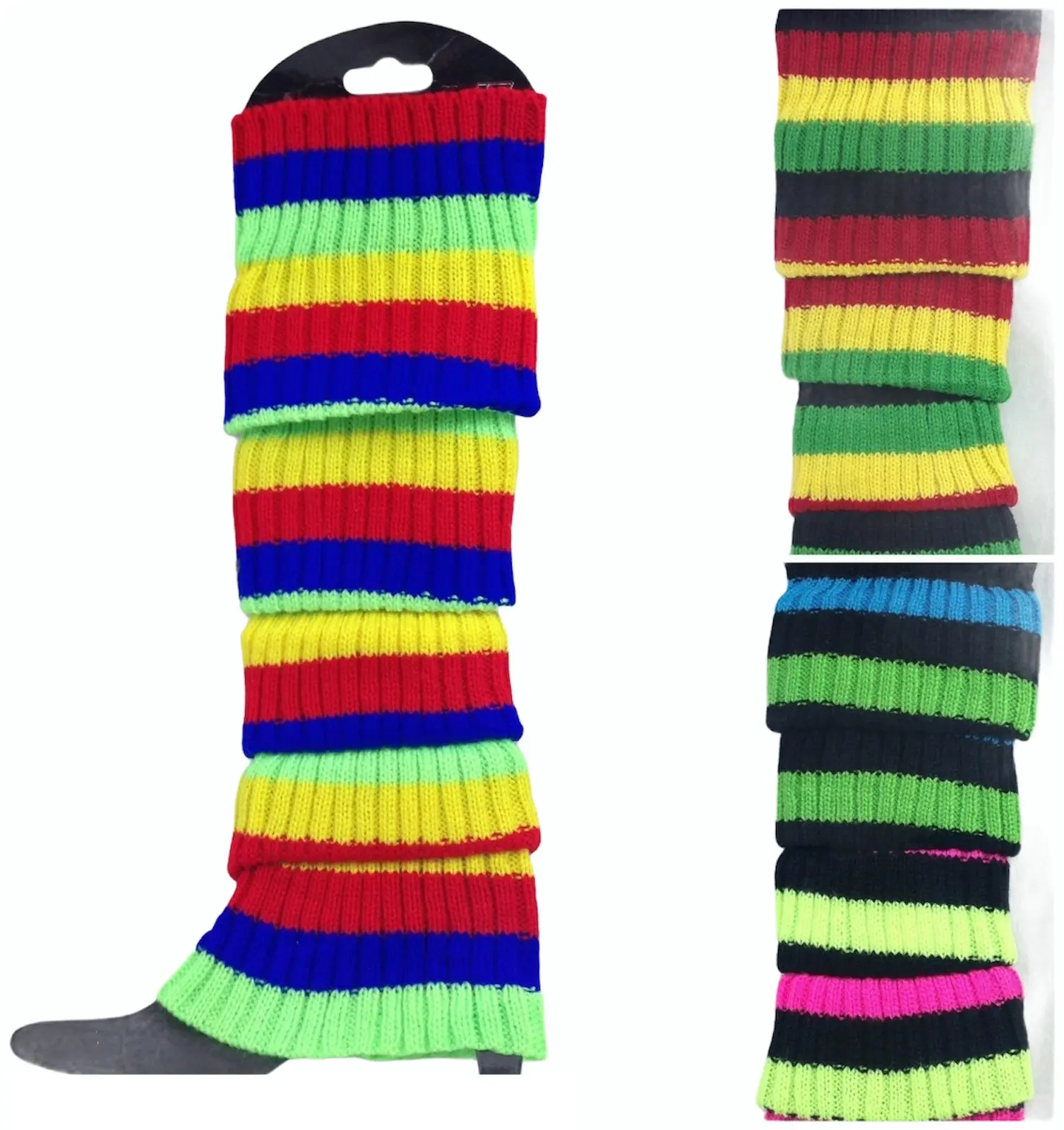 RAINBOW LEG WARMERS High Knitted Womens Neon Party Knit Ankle Socks 80s Dance