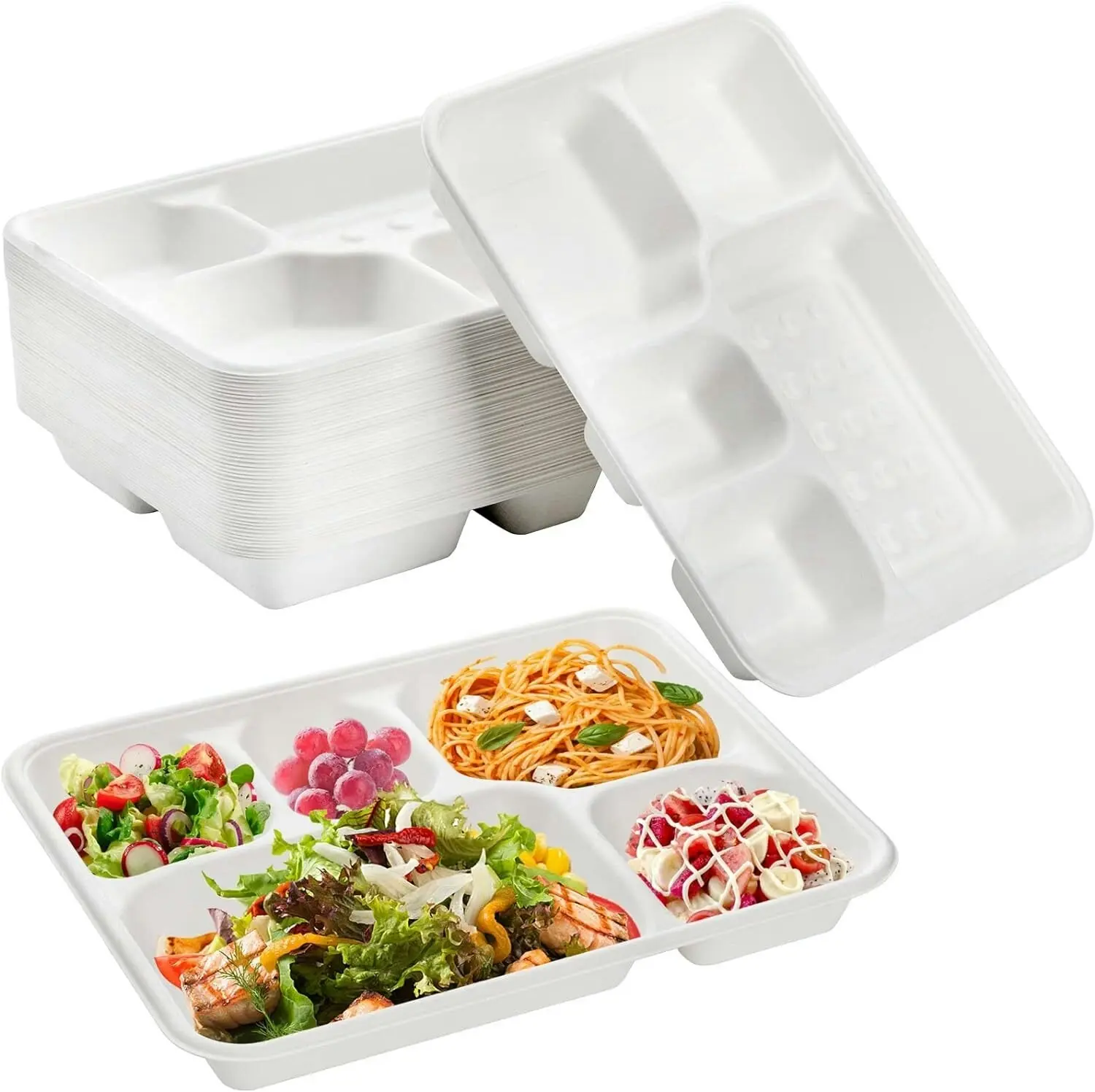 240pcs Sugarcane Bagasse 5 Compartment Lunch Paper Tray Plates 28x22cm Bulk