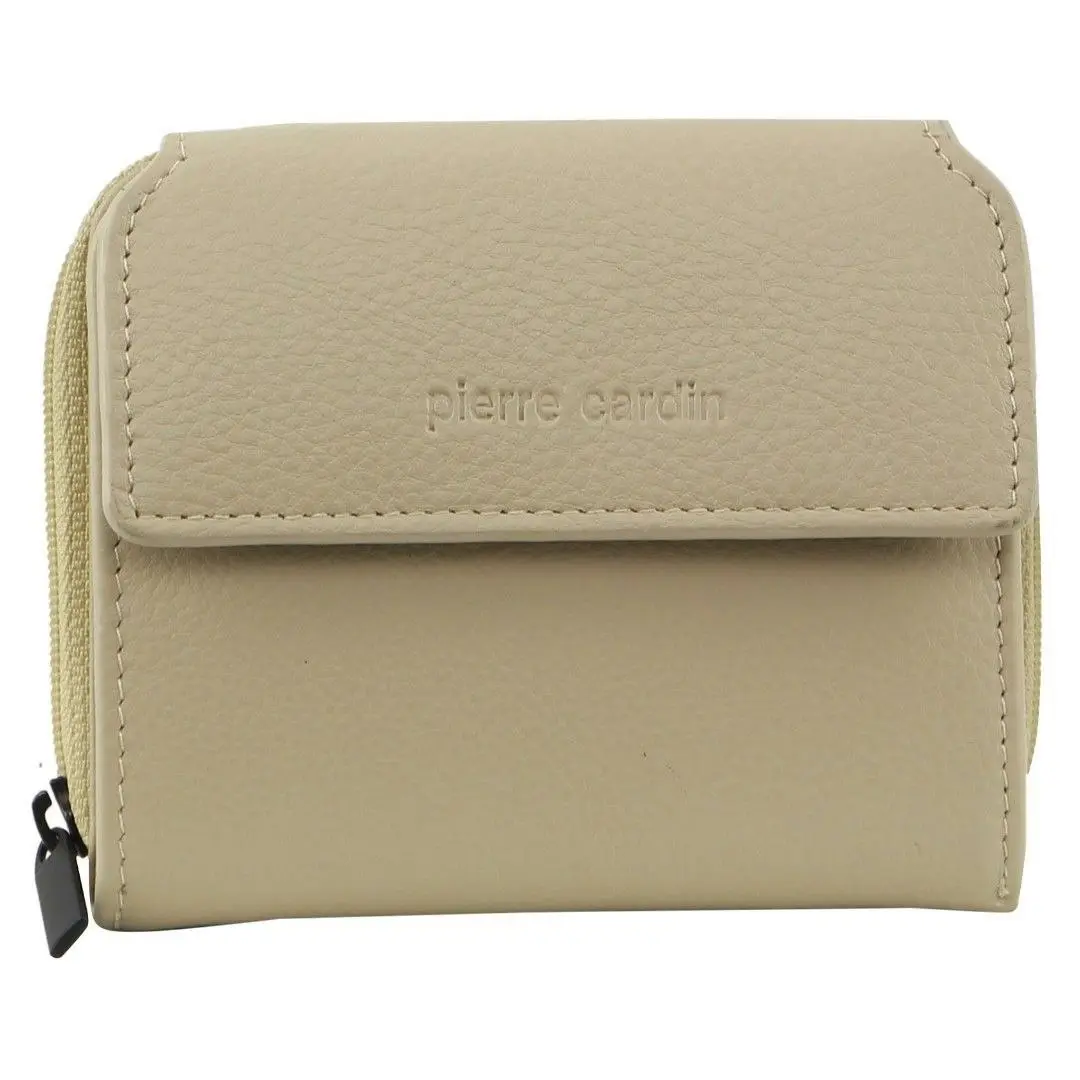 Pierre Cardin Leather Ladies Tri-Fold Tab Zip-Around Wallet - Cement