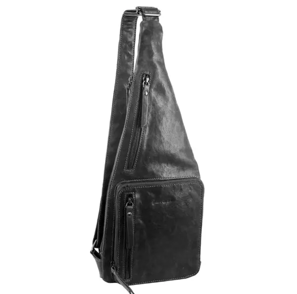 Pierre Cardin Mens Sling Bag Rustic Leather Crossbody Chest Backpack - Black