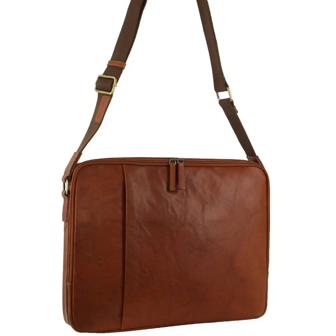 Pierre Cardin Crumpled Leather Computer Laptop Bag - Tan