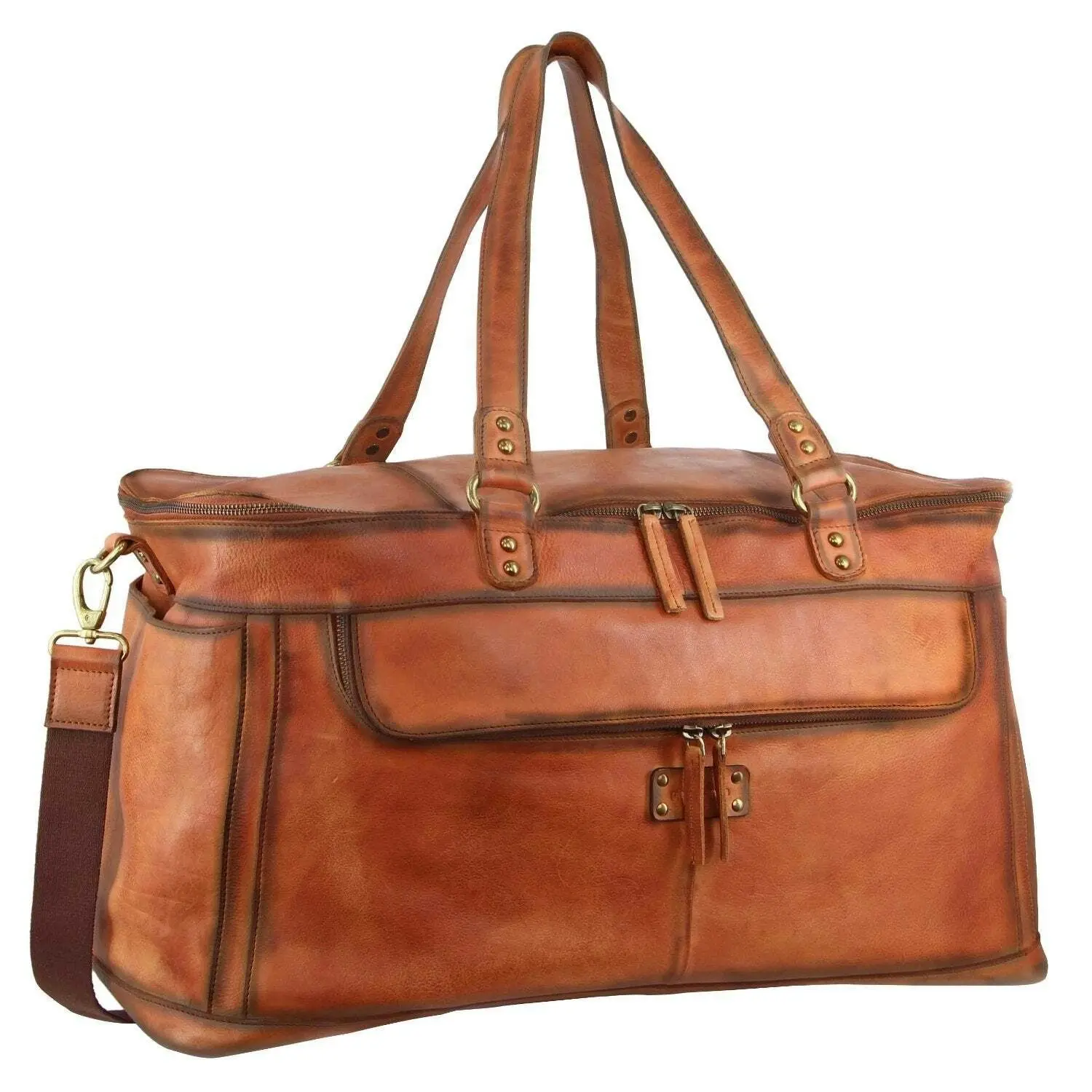 Pierre Cardin Burnished Leather Multi-Compartment Overnight Bag - Cognac