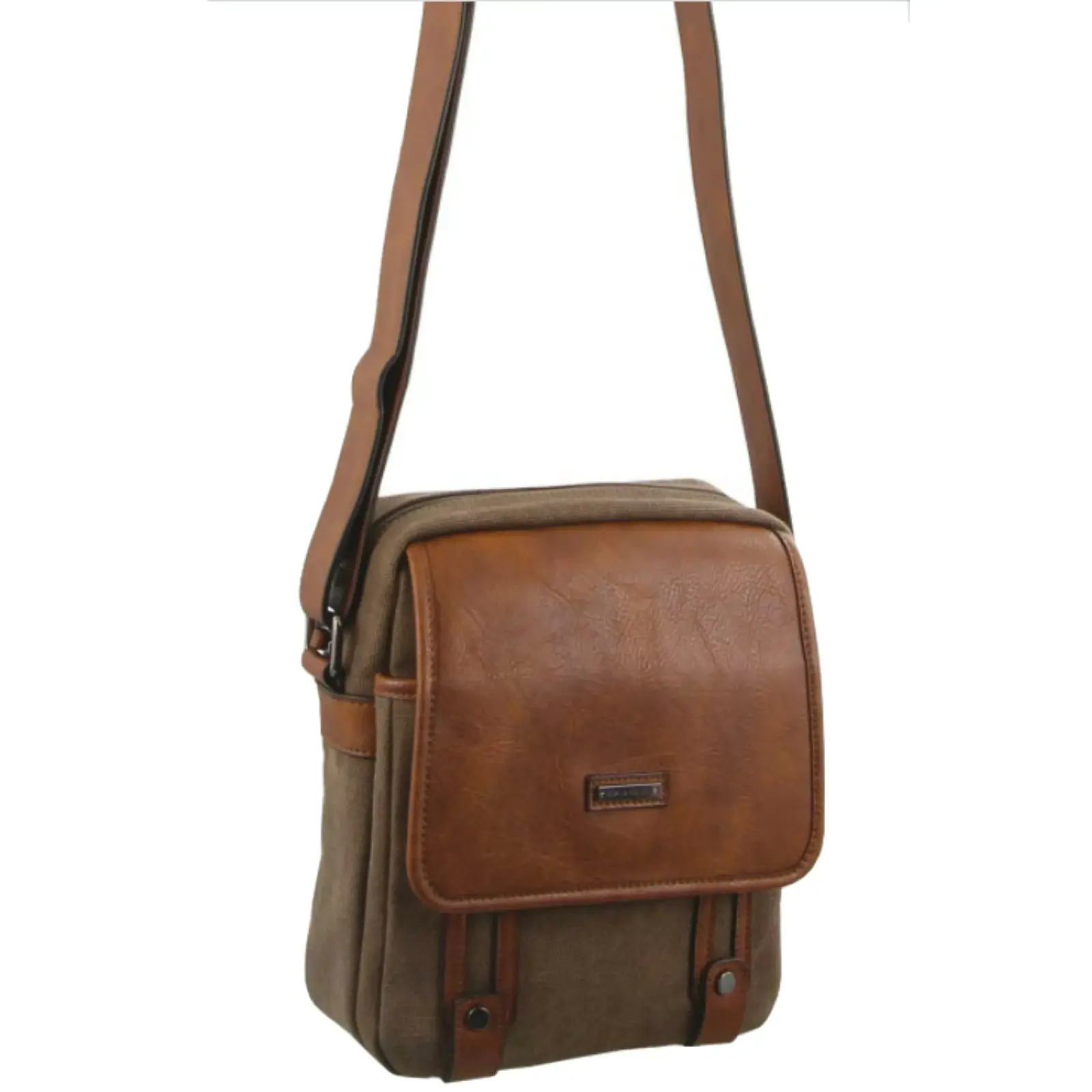 Pierre Cardin Unisex Canvas Cross Body Messenger Bag Satchel Sling - Brown/Cognac