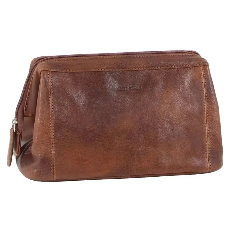 Pierre Cardin Mens Rustic Leather Toiletry Case Bag Travel - Cognac