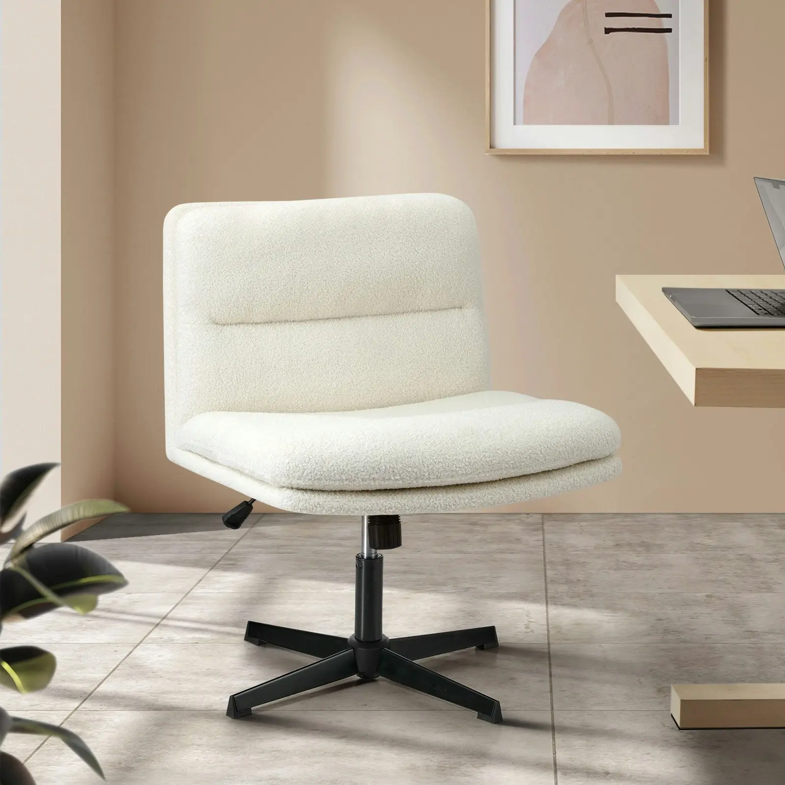 Oikiture Mid Back Armless Office Desk Chair Wide Seat No Wheels Boucle White