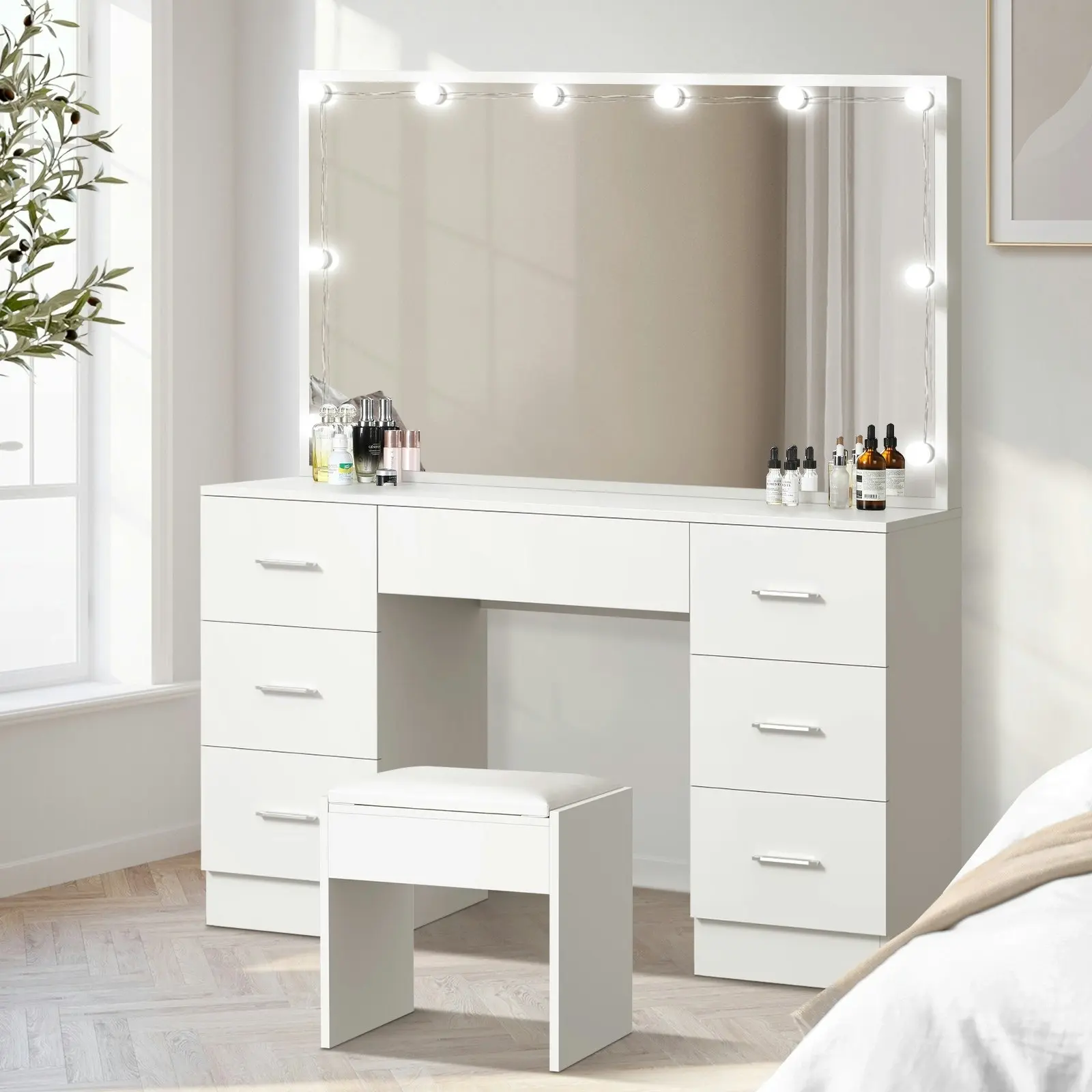 Oikiture Dressing Table Large Makeup Mirror Vanity Desk 10 LED Bulbs White