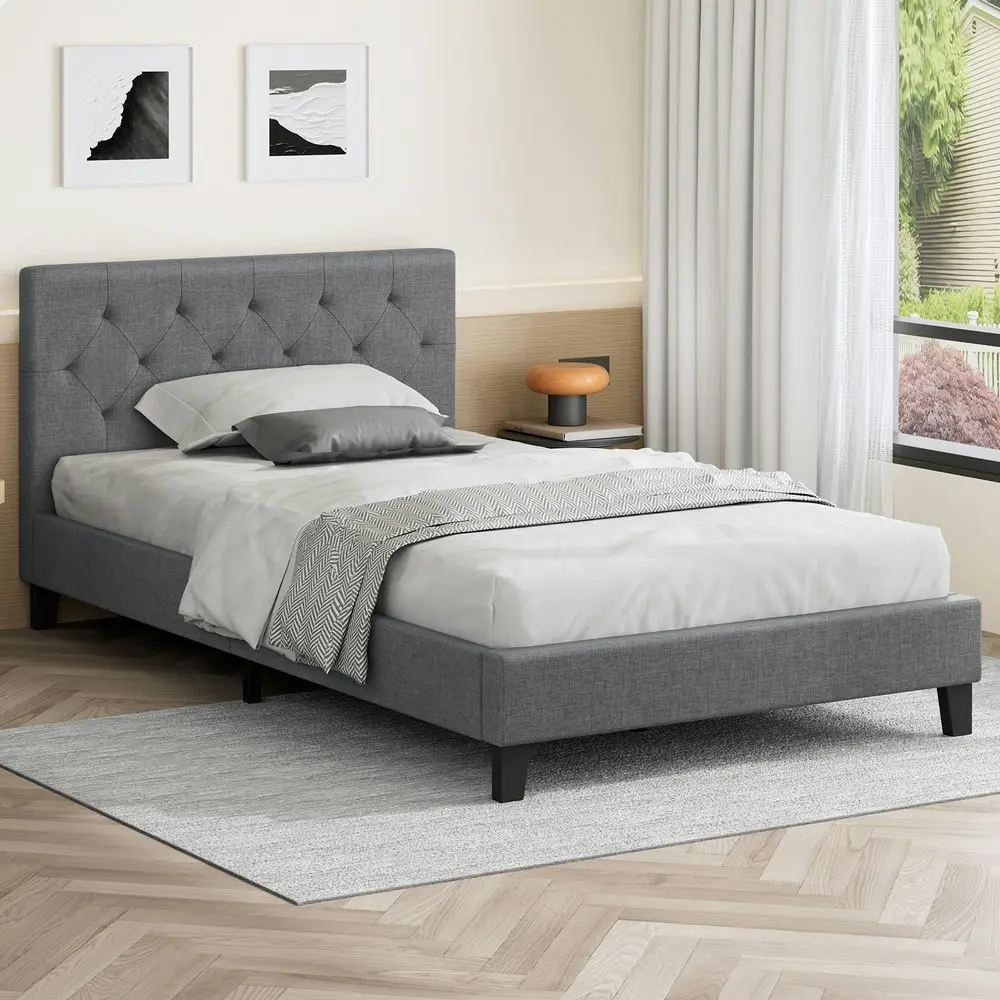 Alfordson Bed Frame King Single Wooden Base Platform Grey Fabric MADELYN