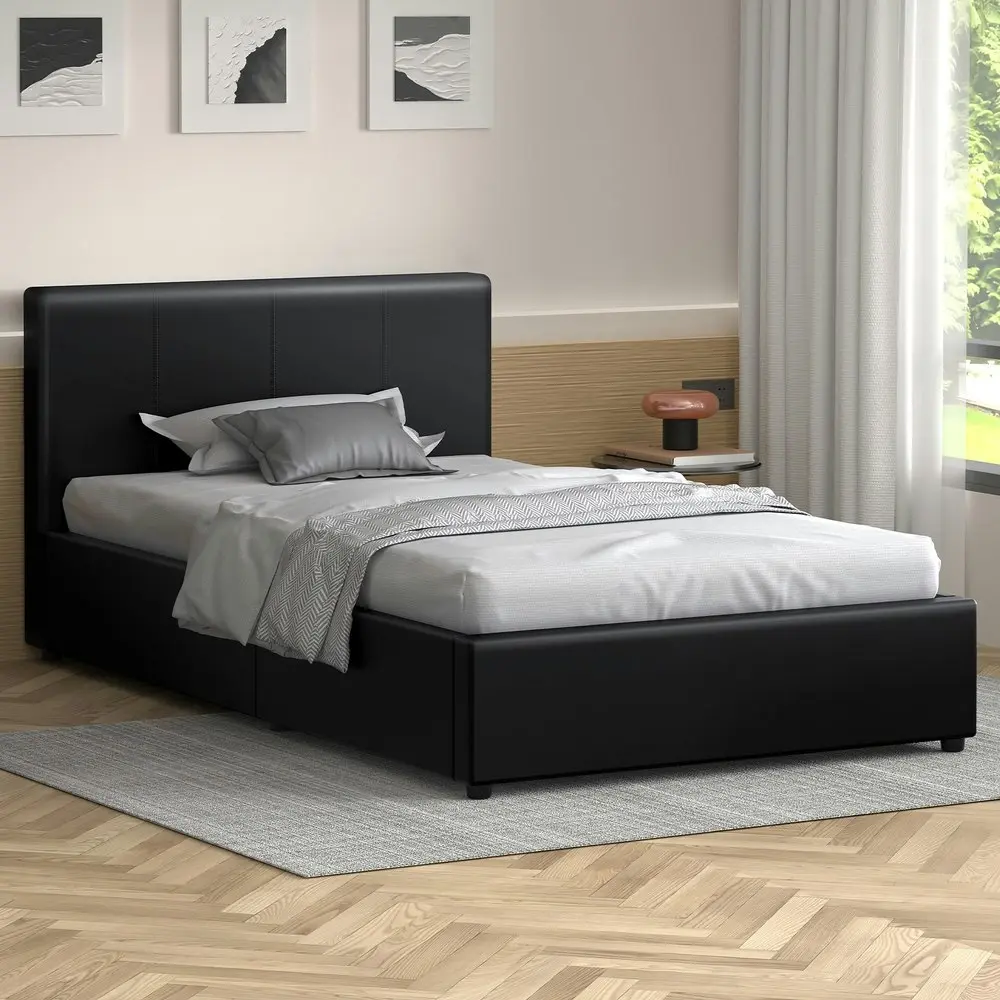 Alfordson Bed Frame Single Size Gas Lift Storage Base Black Leather CALLA