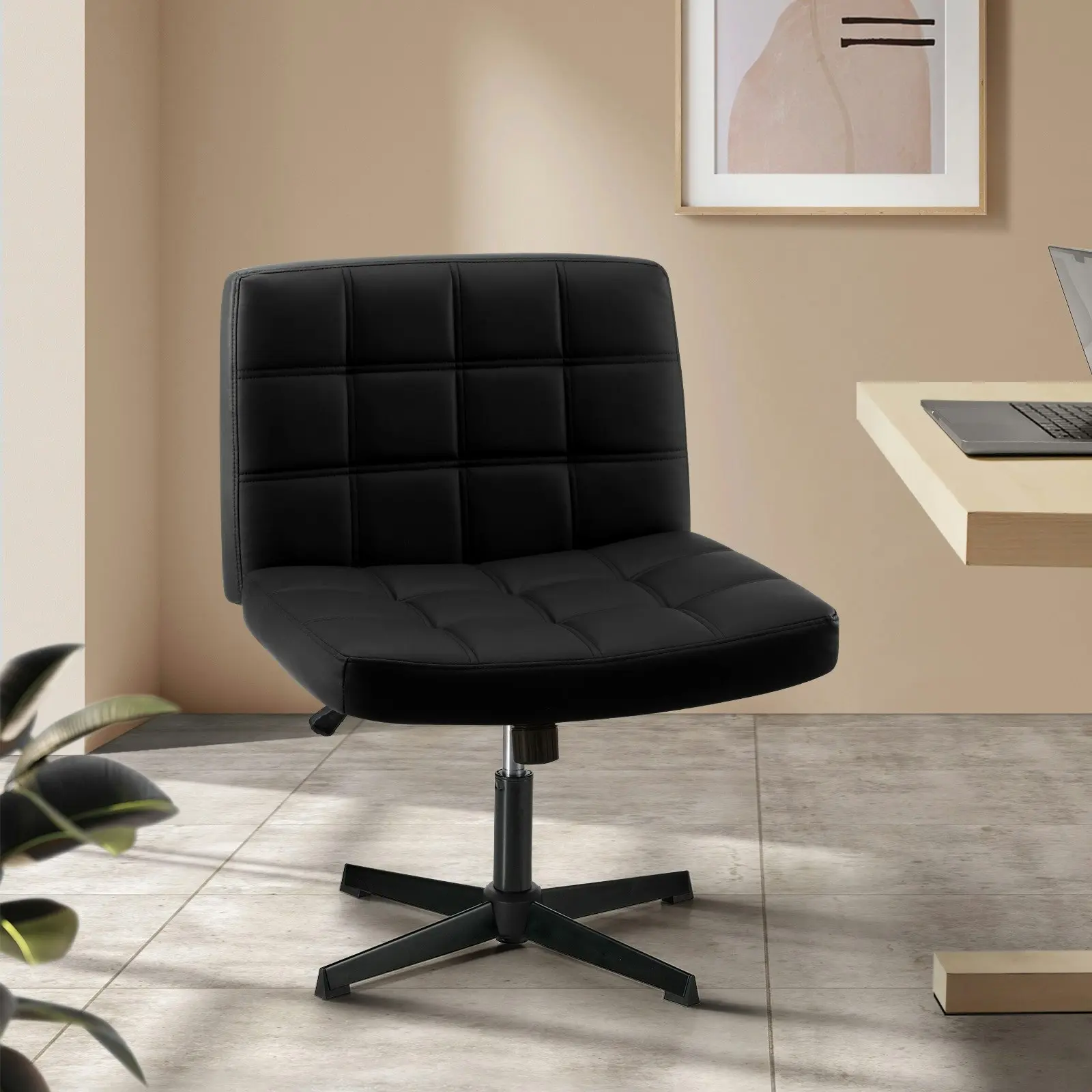 Oikiture Mid Back Armless Office Desk Chair Wide Seat Leather Black No Wheels