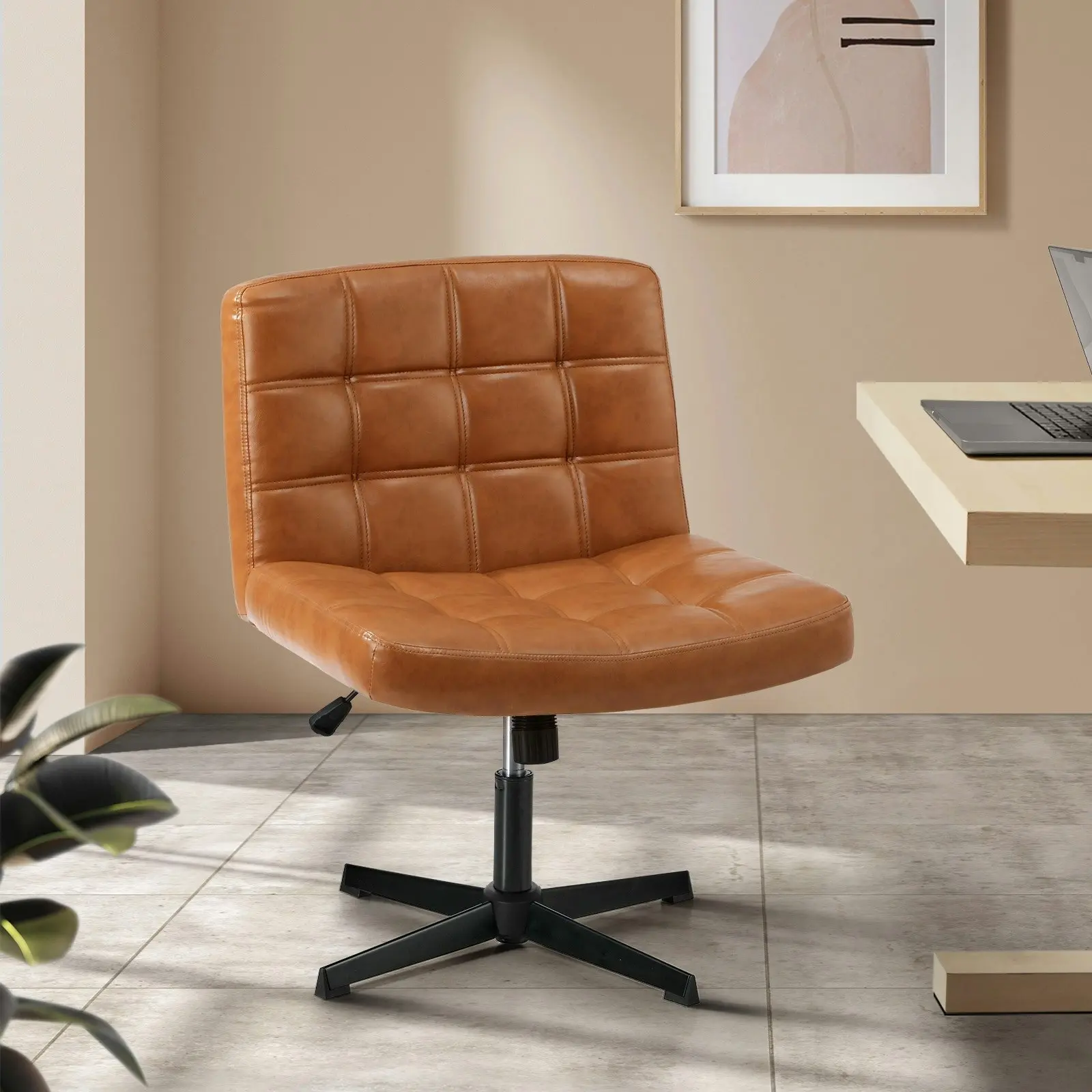 Oikiture Mid Back Armless Office Desk Chair Wide Seat Leather Brown No Wheels