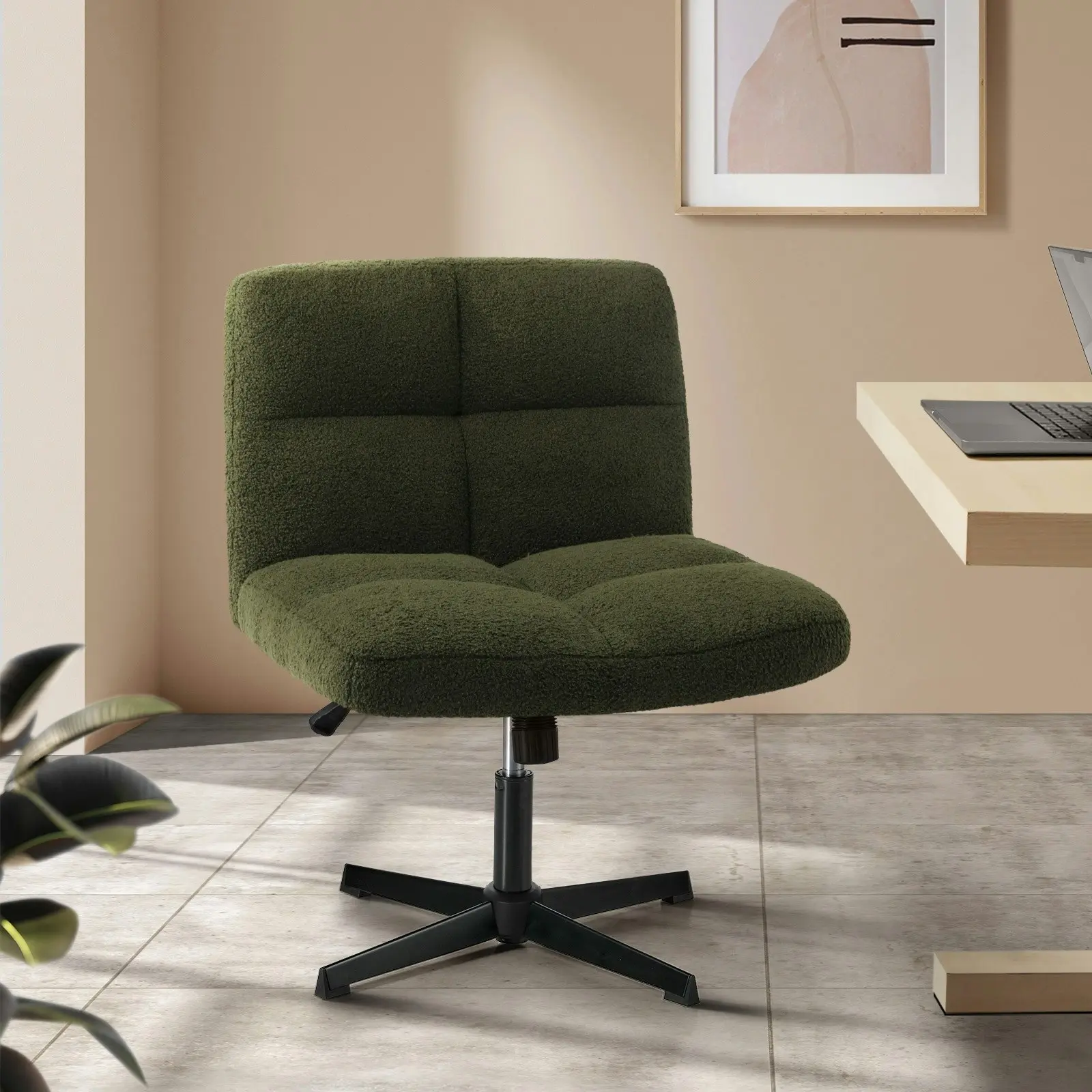 Oikiture Mid Back Armless Office Desk Chair Wide Seat No Wheels Boucle Green