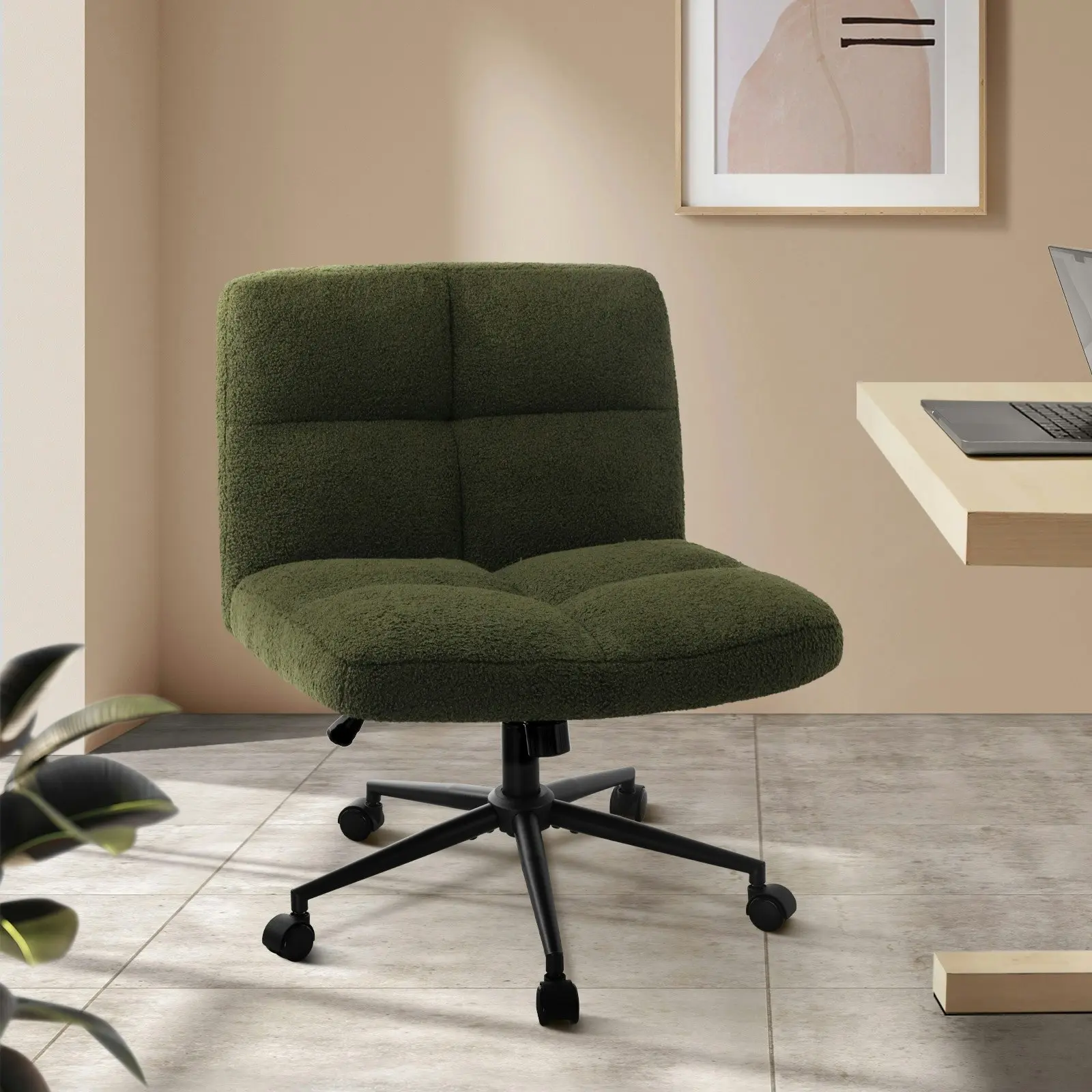 Oikiture Mid Back Armless Office Desk Chair Wide Seat with Wheels Boucle Green