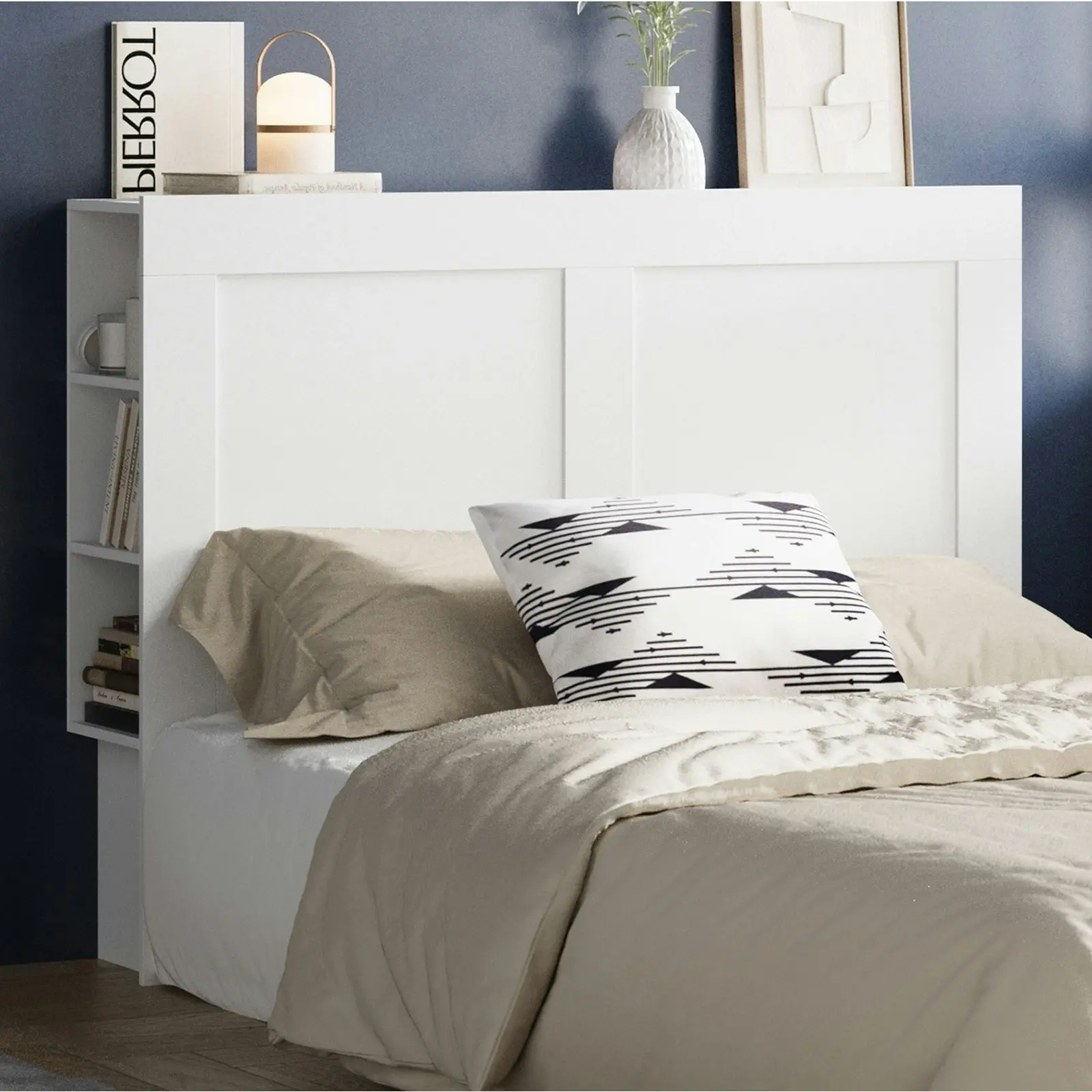 Oikiture Headboard Bed Head Queen Size Bedhead with Storage Shelves White