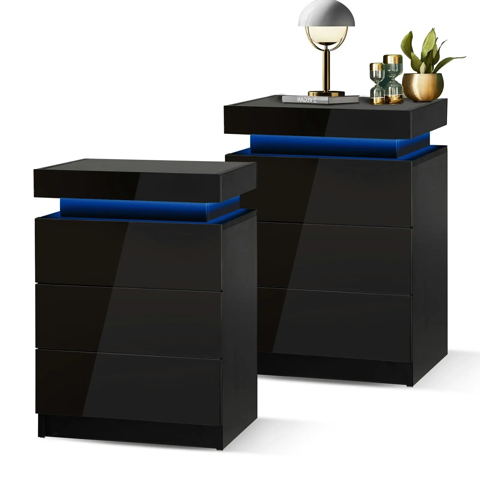 Oikiture Bedside Tables Set of 2 LED Nightstand Cabinet Side Table Black