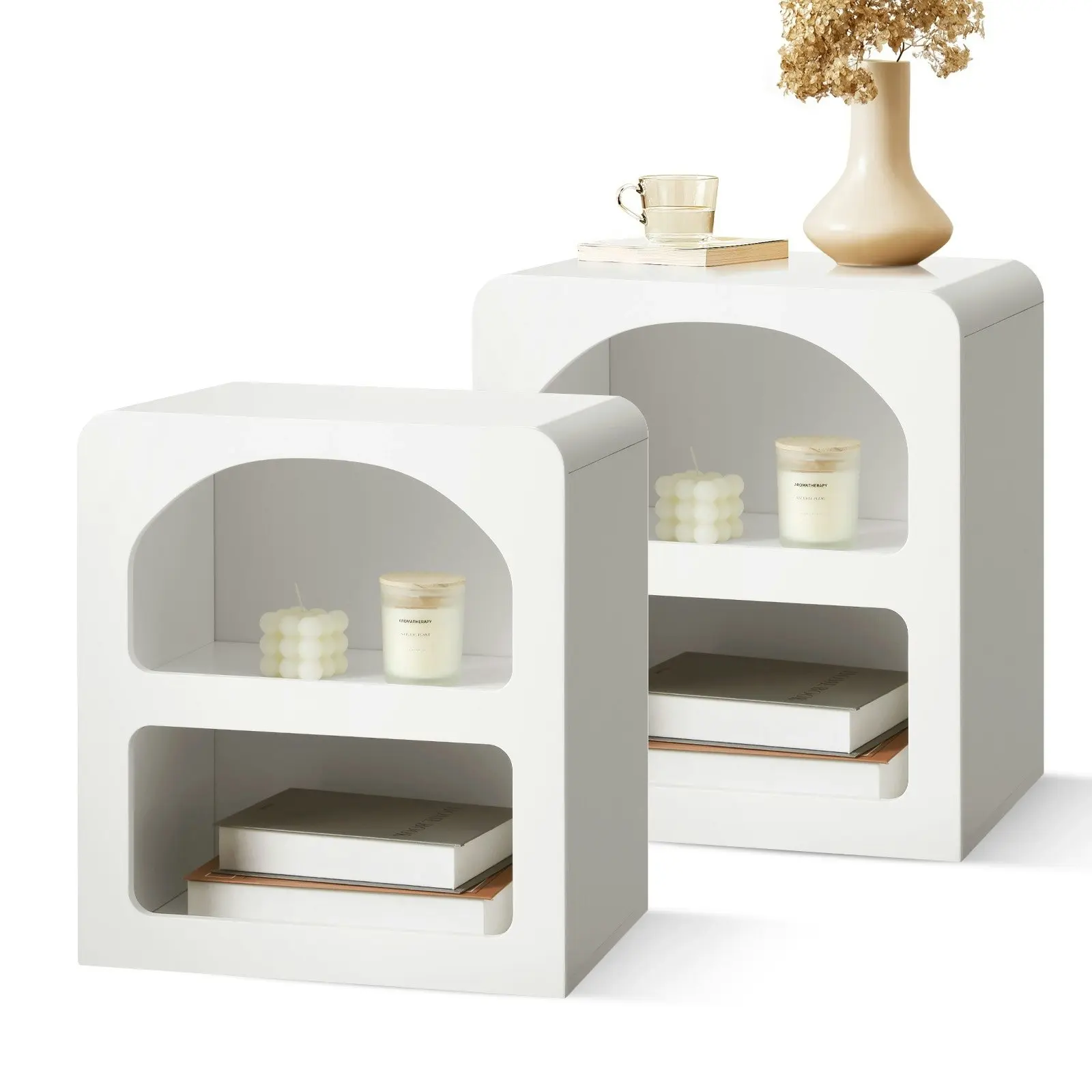 Oikiture Bedside Tables Set of 2 Display Shelf Storage Cabinet Nightstand White