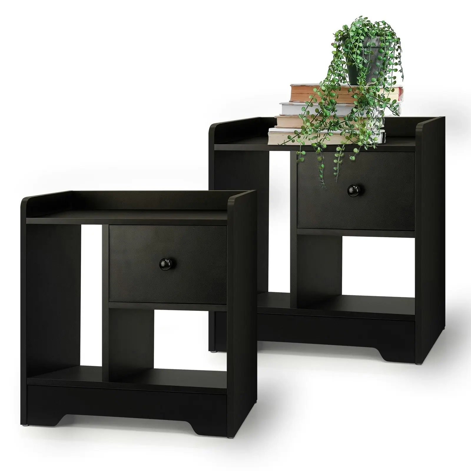 Oikiture Bedside Tables Set of 2 Side Table Nightstand Storage Shelf Black