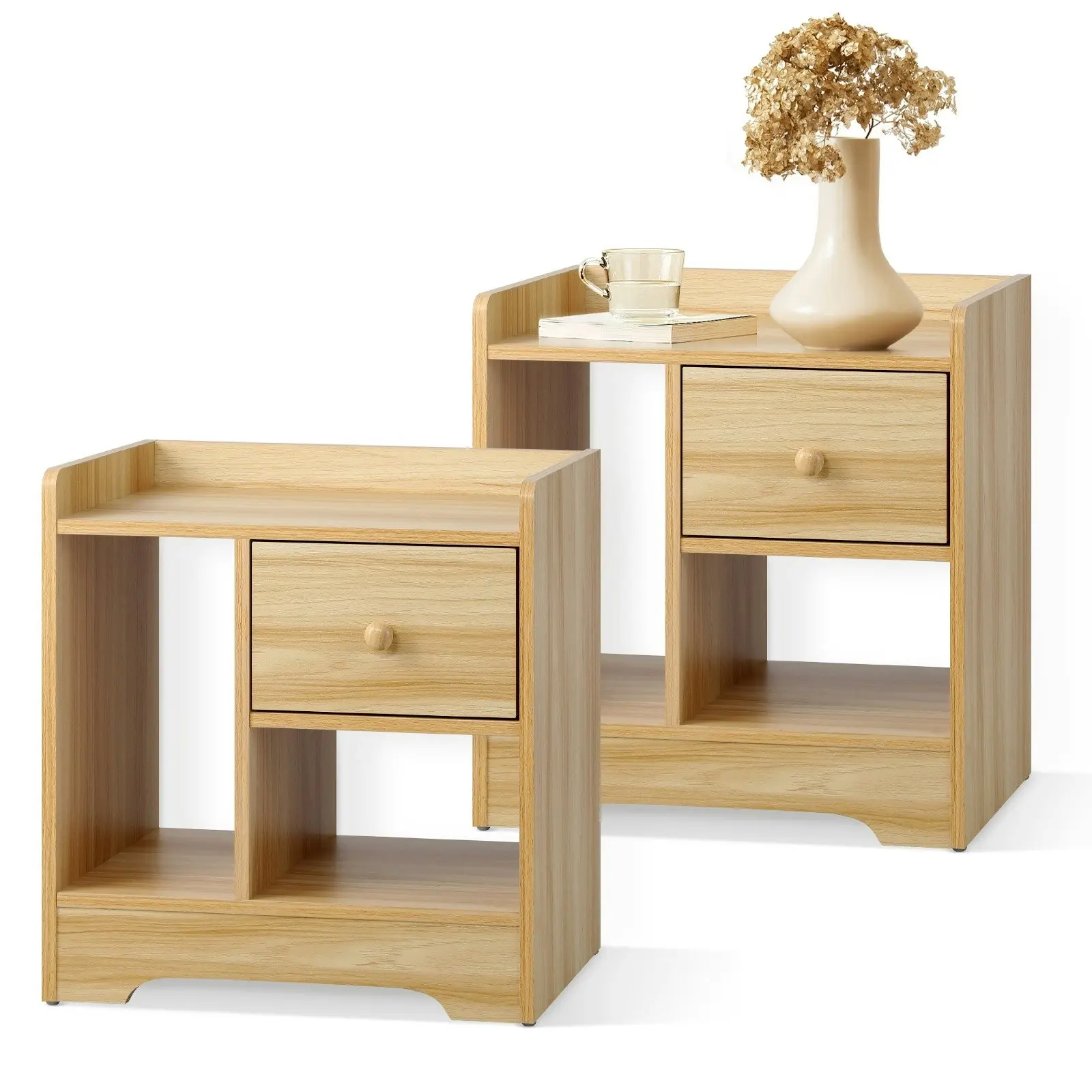 Oikiture Bedside Tables Set of 2 Side Table Nightstand Storage Shelf Natural