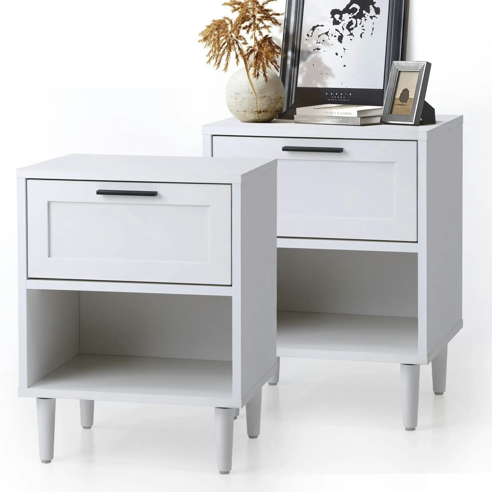 Oikiture Bedside Tables Set of 2 Nightstand Side End Table Storage Cabinet White