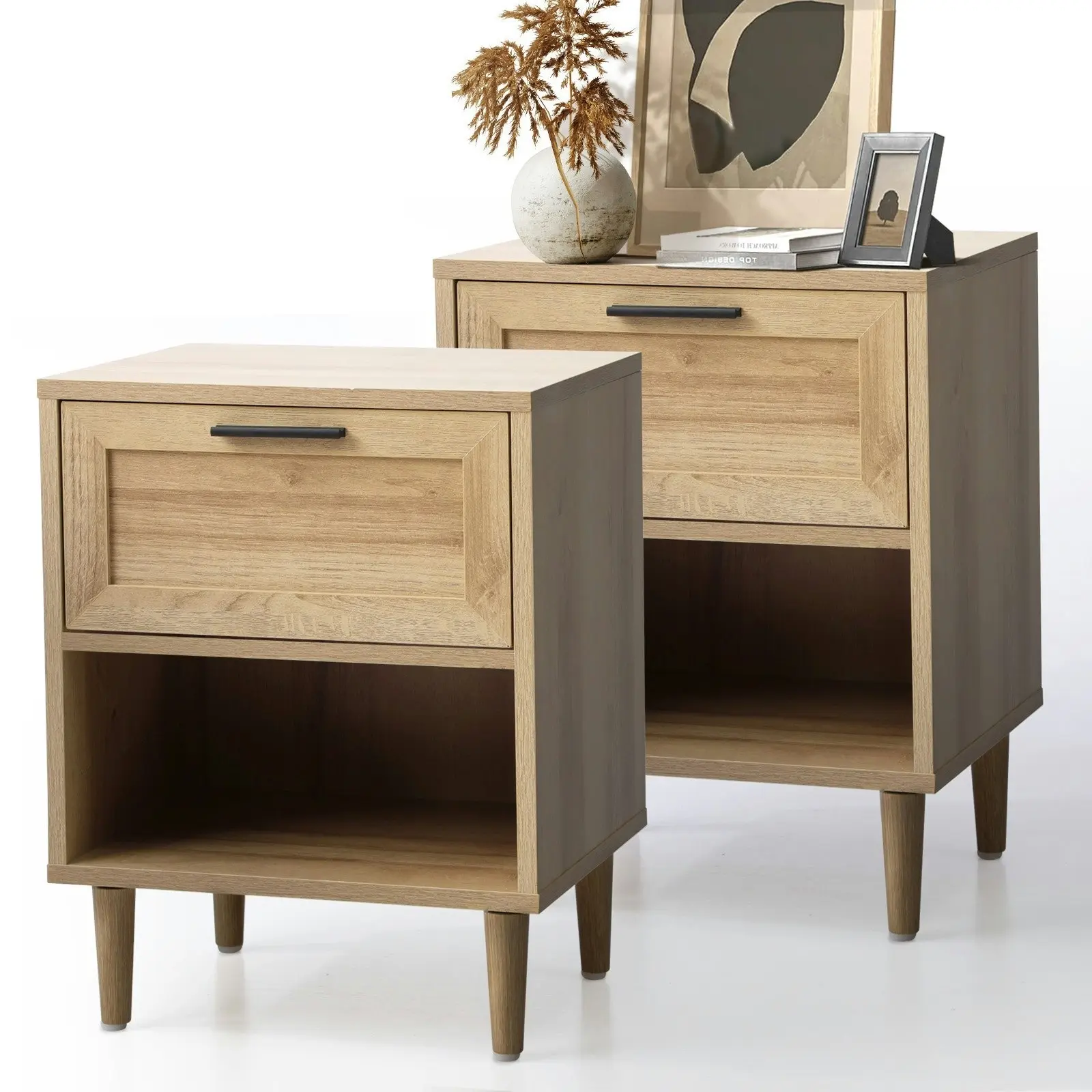 Oikiture Bedside Tables Set of 2 Nightstand Side Table Storage Cabinet Natural