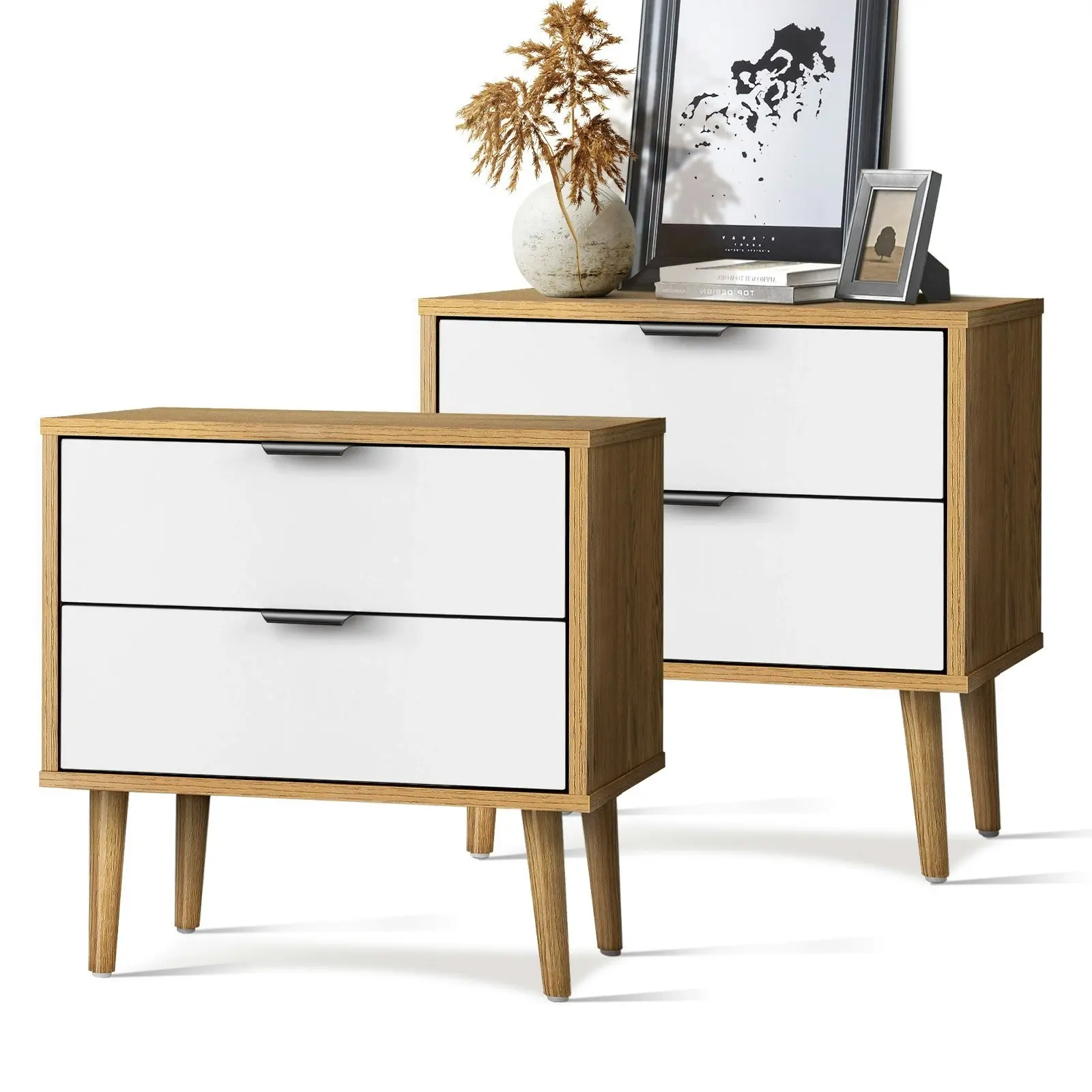 Oikiture Bedside Tables Set of 2 Side Table Nightstand Storage Cabinet Wood