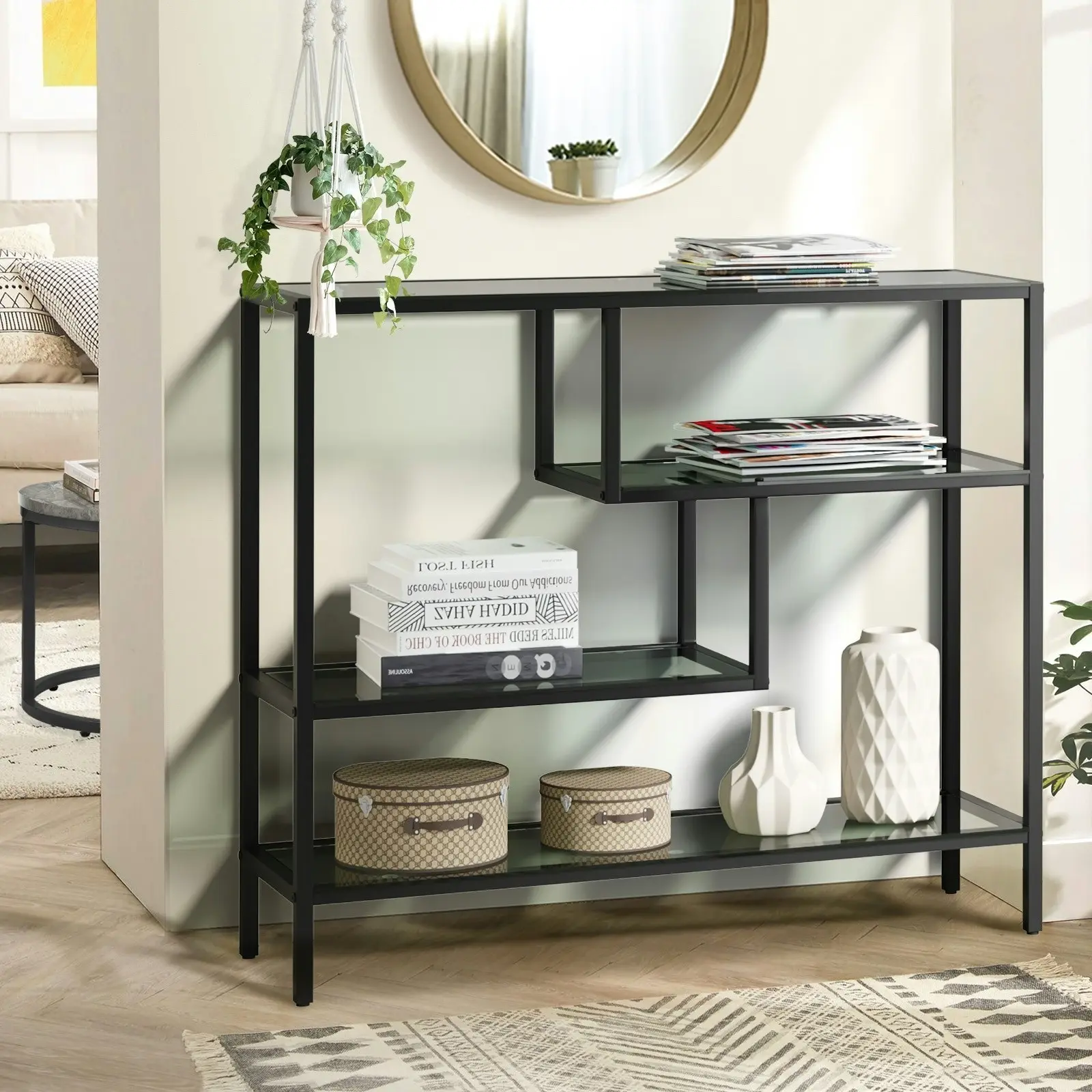 Oikiture 4 Shelves Console Table Tempered Glass Sofa Table Hall Side Entry Black