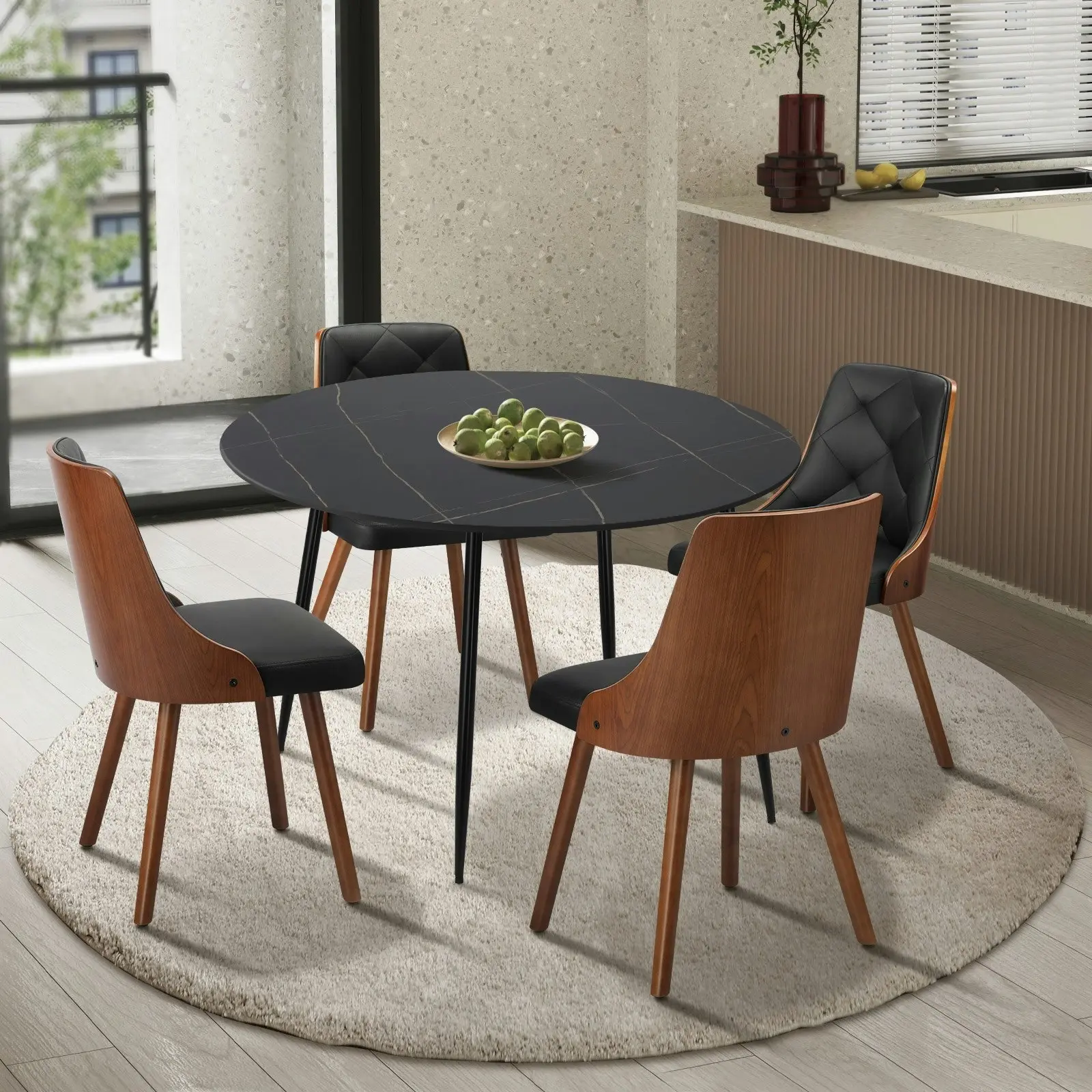 Oikiture 110cm Round Dining Table with 4PCS Dining Chairs Faux Leather Black