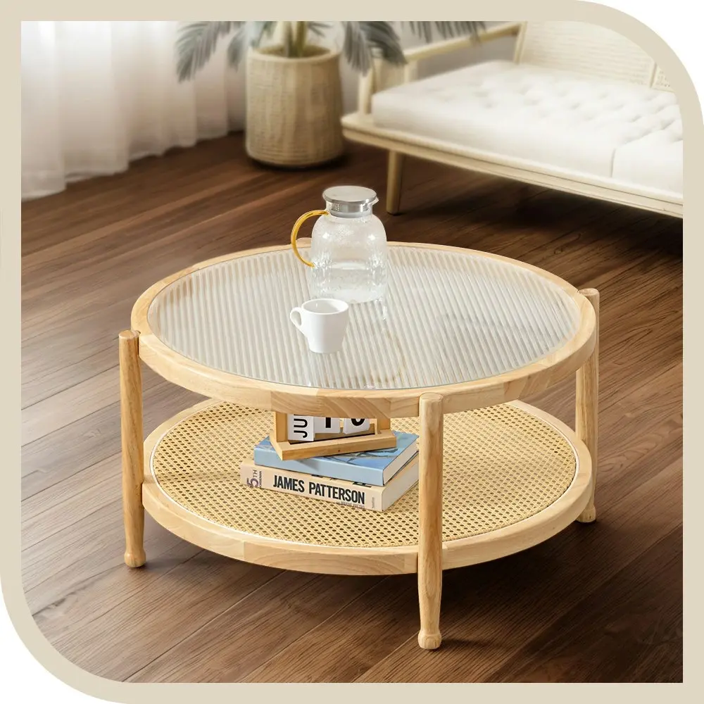 Furb 80CM Round Coffee Table 2-Tier Side End Tables Wooden Frame for Living Room