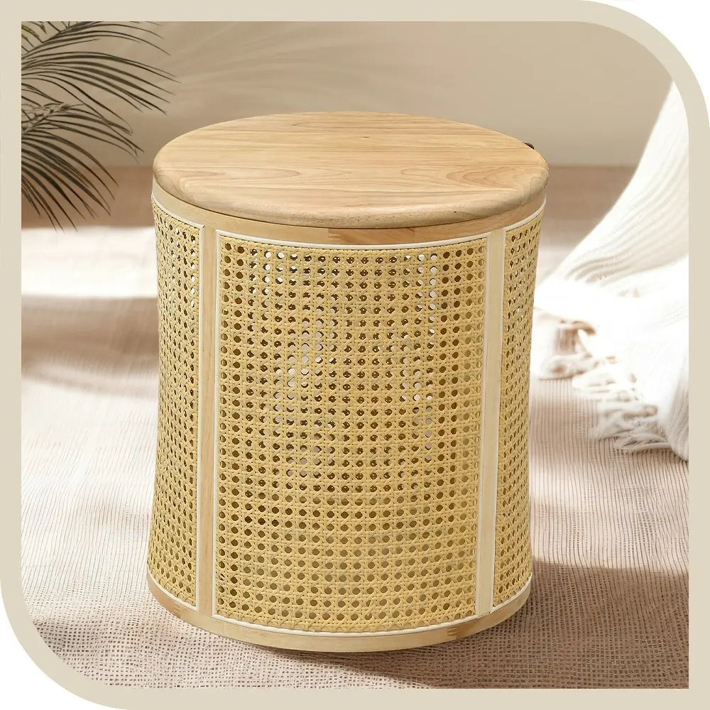 Furb Rattan Bedside Table Round Coffee Side End Tables Sofa Desk w/Storage, OAK