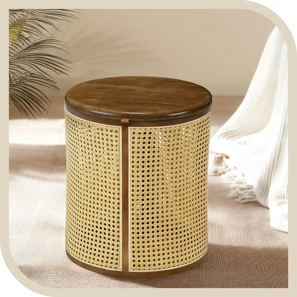 Furb Rattan Bedside Table Round Coffee Side End Tables Sofa Desk w/Storage, 40CM