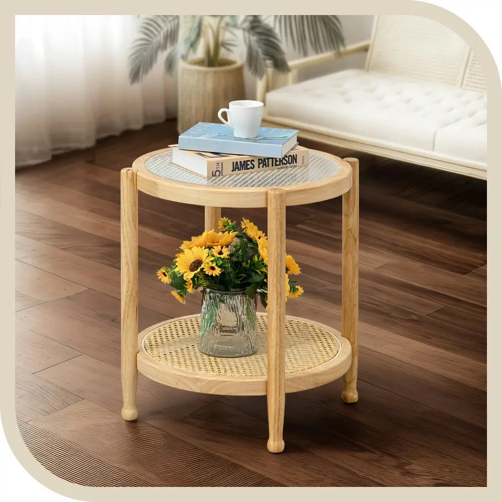 Furb 50CM Round Coffee Table 2-Tier Side End Tables Wooden Frame for Living Room