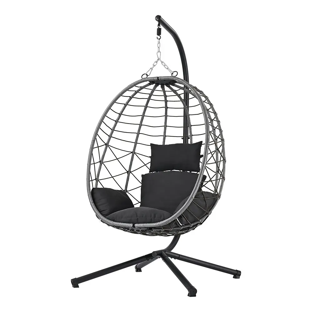 Groverdi Outdoor Hanging Egg Chair with Stand Patio Rattan Egg Swing Chair Grey