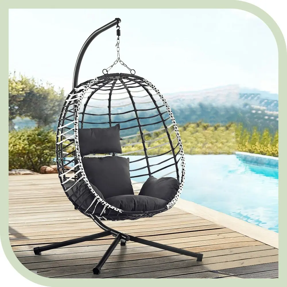 Groverdi Outdoor Hanging Egg Chair with Stand Patio Rattan Egg Swing Chair Black