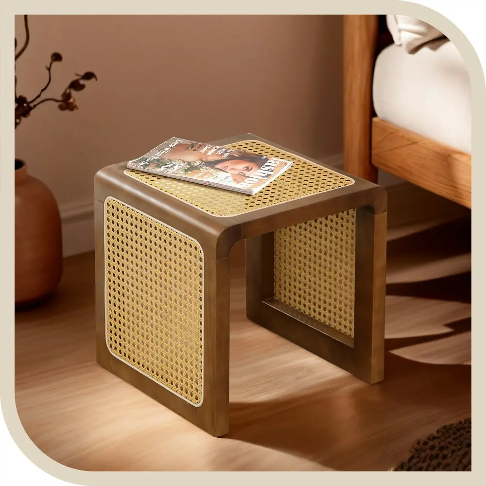 Furb Rattan Coffee Side End Tables Bedside Table for Home, Living Room, Walnut