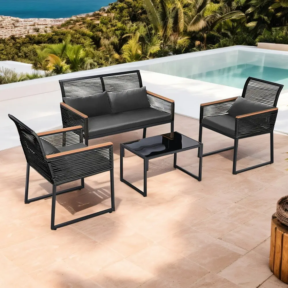 Groverdi 4PCS Wicker Outdoor Furniture Set w/Cushion Armrests Steel Frame, Black