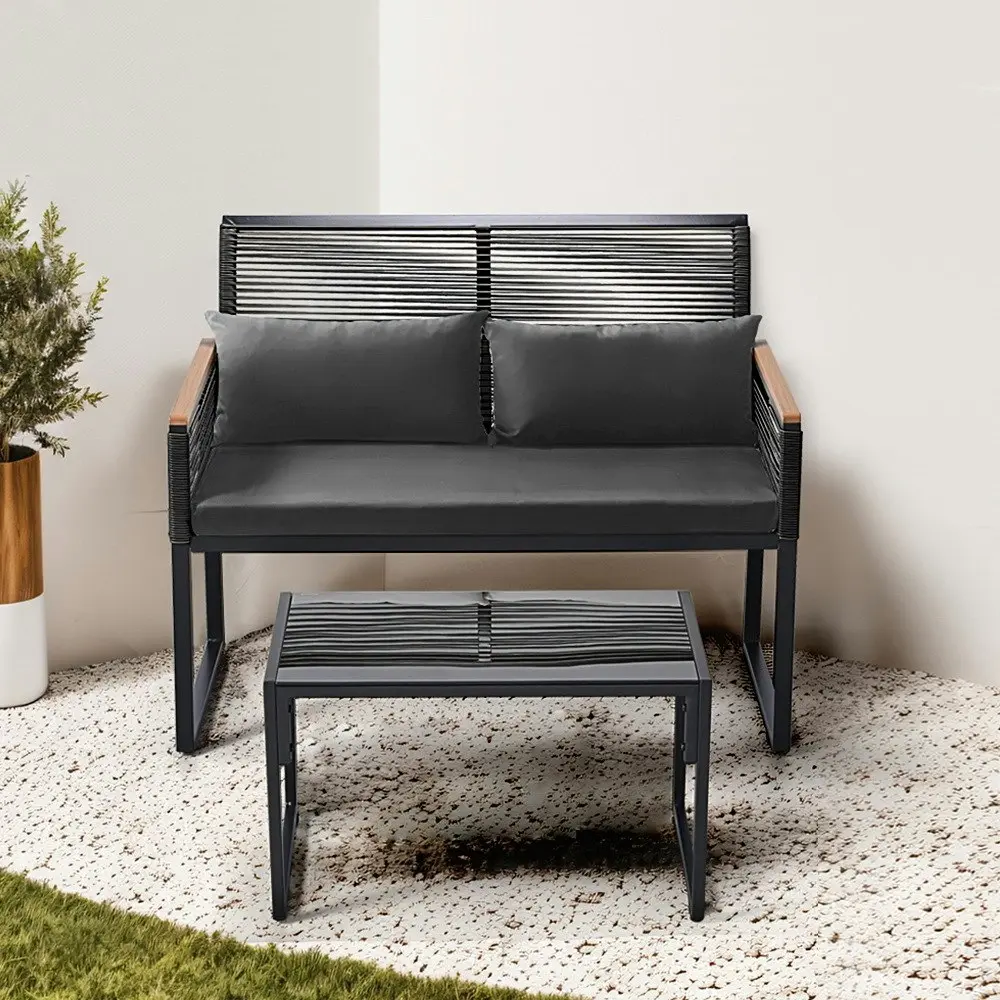 Groverdi 2 Seater Wicker Patio Loveseat Removable Cushions Side Table Set Black