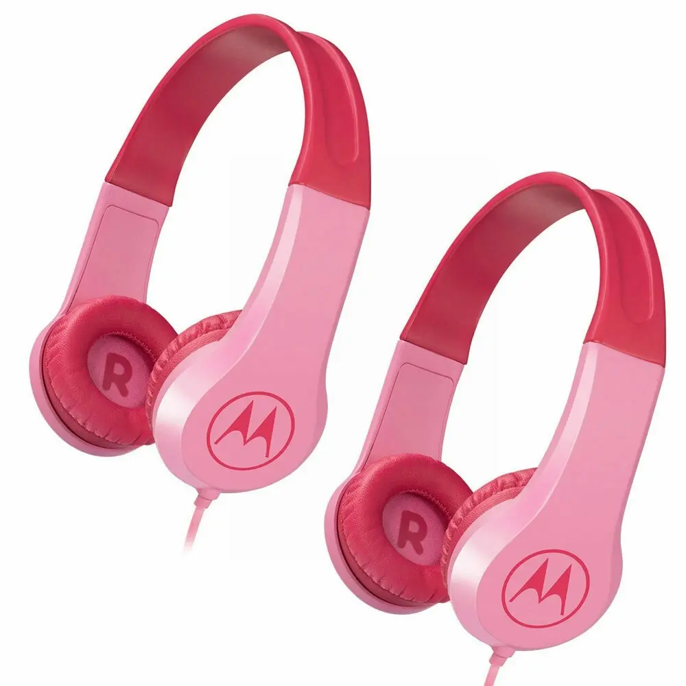 2PK Motorola Kids Safe Wired Over-Ear Headphones w/Mic/3.5mm Audio Splitter Pink