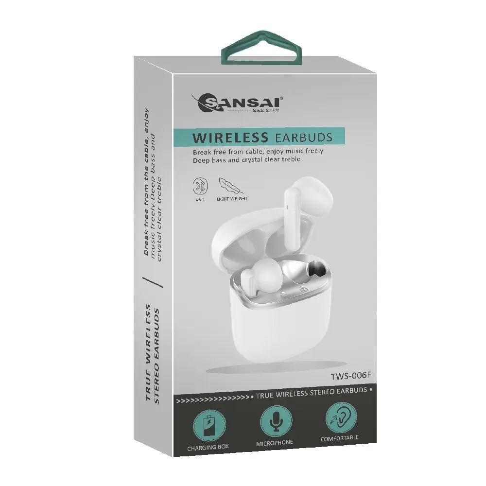 Sansai TWS Earphones Wireless Bluetooth 5.1 In-Ear w/ Charge Case 5x5 cm White