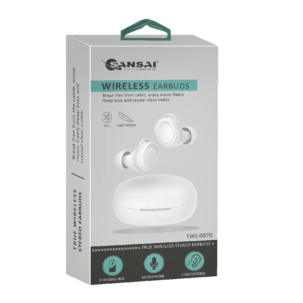 Sansai TWS Earbuds Bluetooth 5.1 True Wireless w/ Charging Case 6x5 cm White