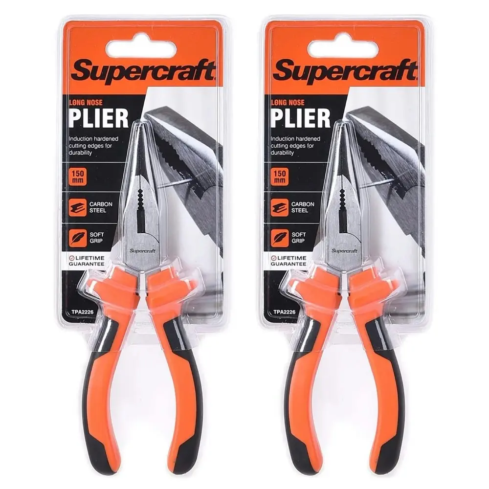 2x Supercraft Long Nose Pliers Carbon Steel 150mm Long With Soft Grip Handles