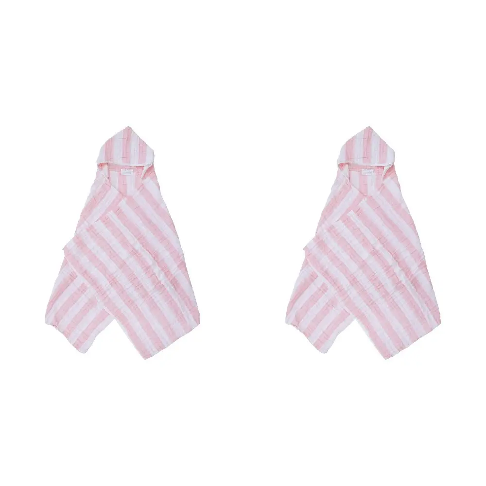 2x LVD Striped Cotton Hooded Swaddle Soft/Gentle Baby Wrap 127x66cm Pink/White