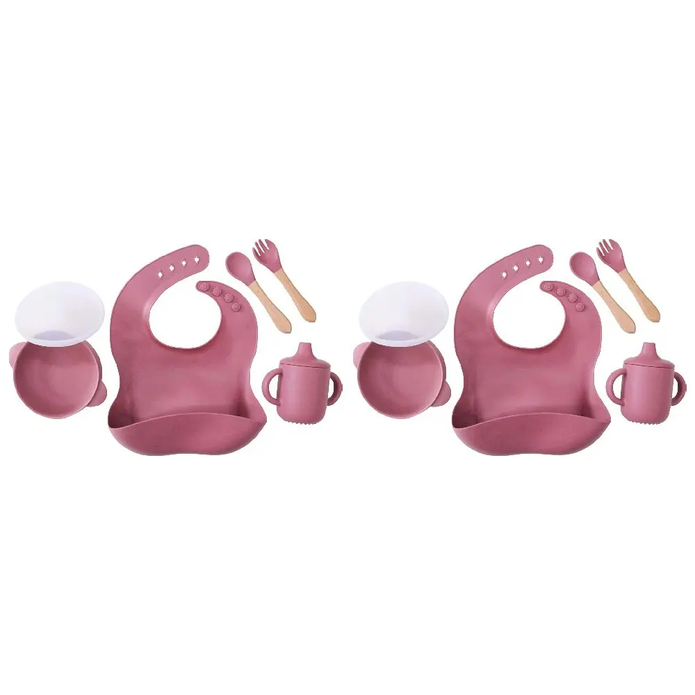 2x LVD Silicone Baby/Toddler Feeding Bowl/Bib/Cutlery/Cup Dinner Set Mulberry