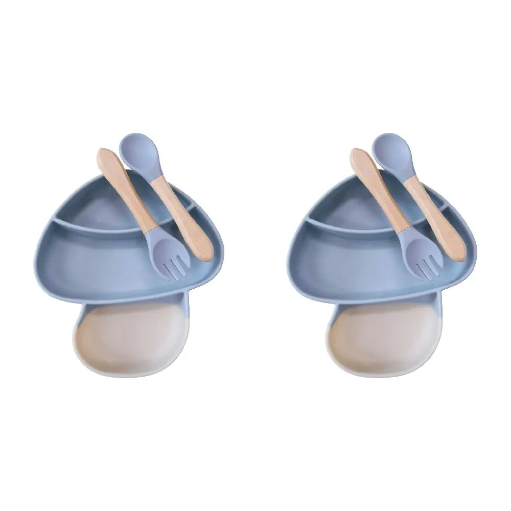 2x LVD Silicone Baby Feeding Mushroom Bowl/Spoon/Fork Set Wood Handle 18x18.5cm