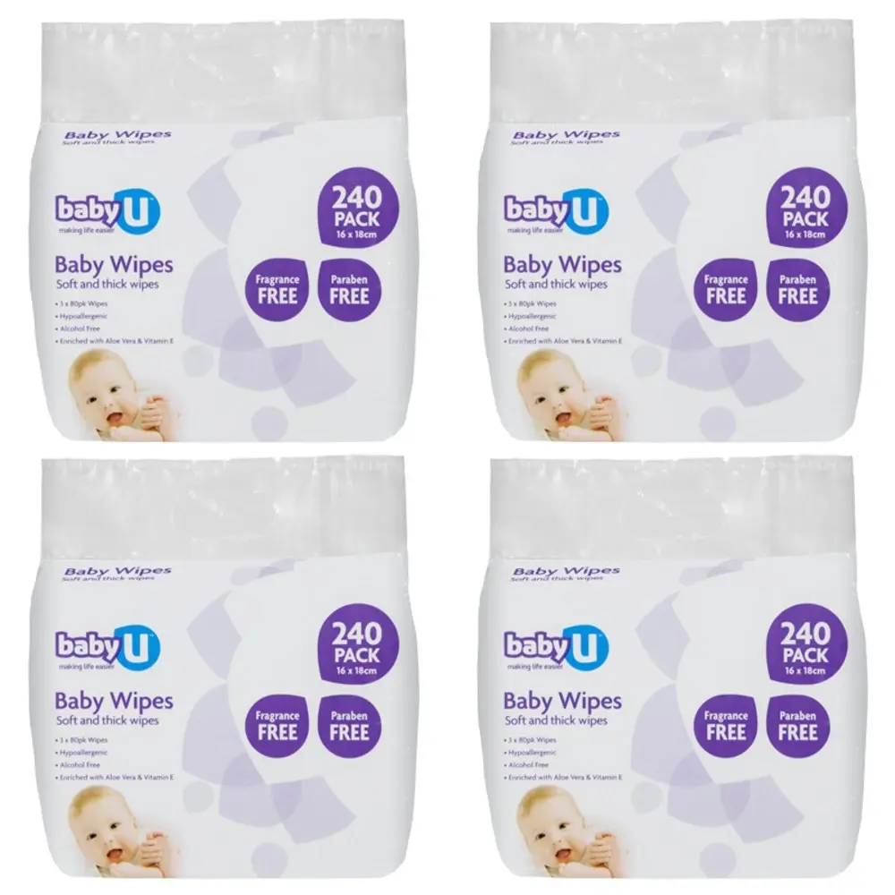 4x 240pc BabyU Baby/Infant/Kids Alcohol/Fragrance Free Absorbent Wet Wipes