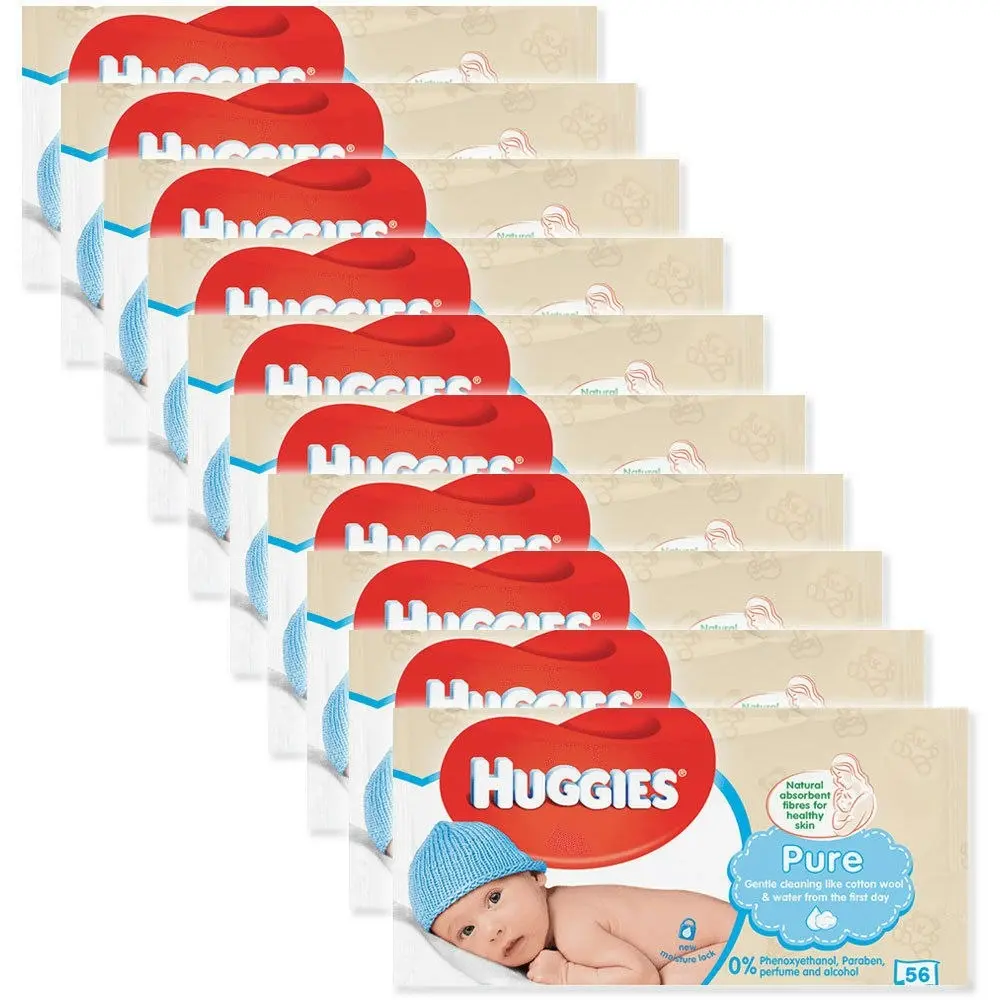 10x Huggies 56 Wipes Pure Soft Gentle Baby Wipe/Natural Fibres/Sensitive Skin