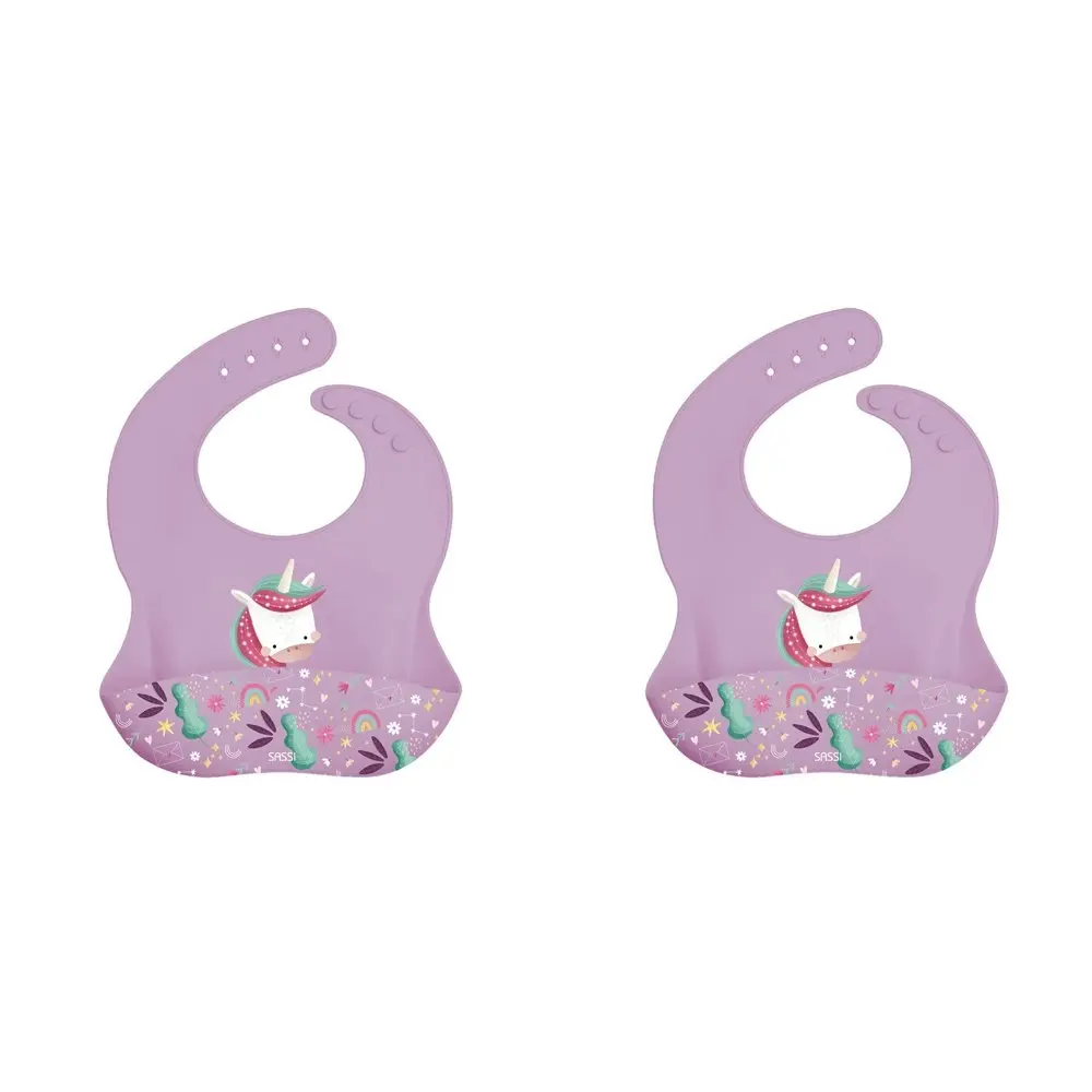 2x Sassi Silicone Bib Sparkly The Unicorn Baby/Childrens Tableware Cutlery 6m+