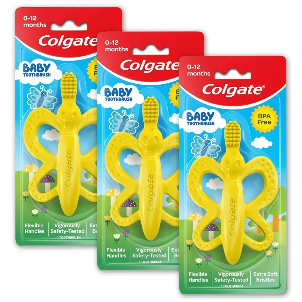 3PK Colgate Baby Training Toothbrush Silicone Teether 0-12m Butterfly Yellow