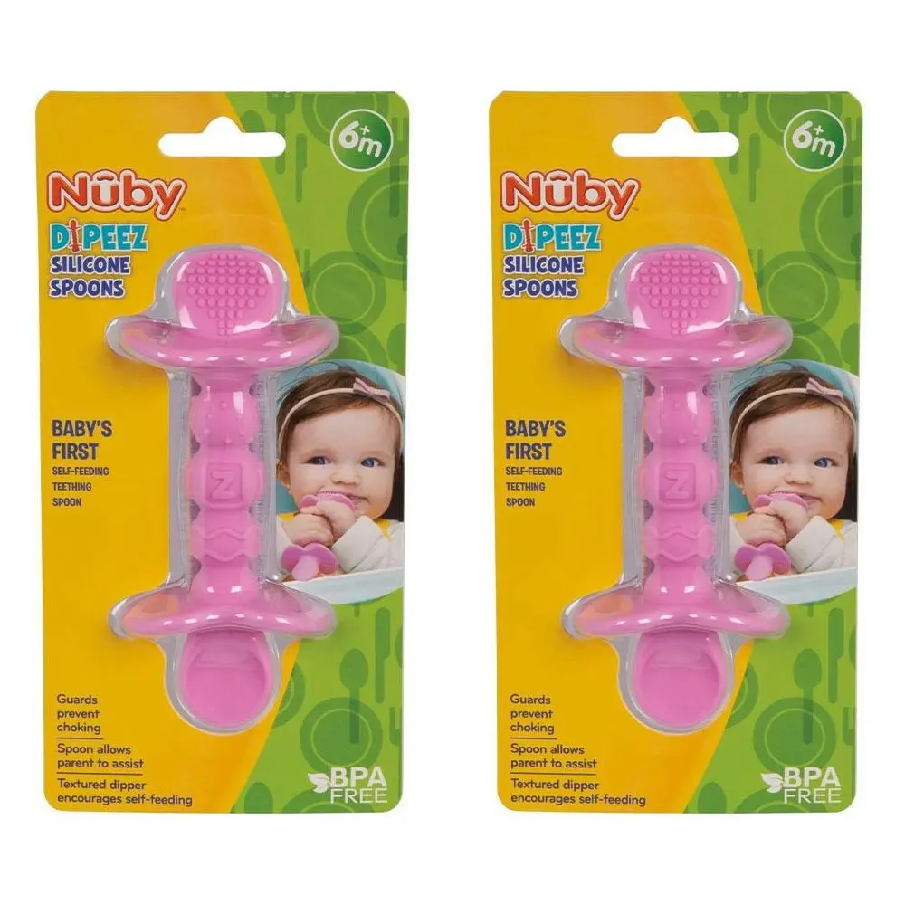 2x Nuby Dipeez Self-Feeding Teething Baby Silicone Spoon & Dipper 6m+ Assorted